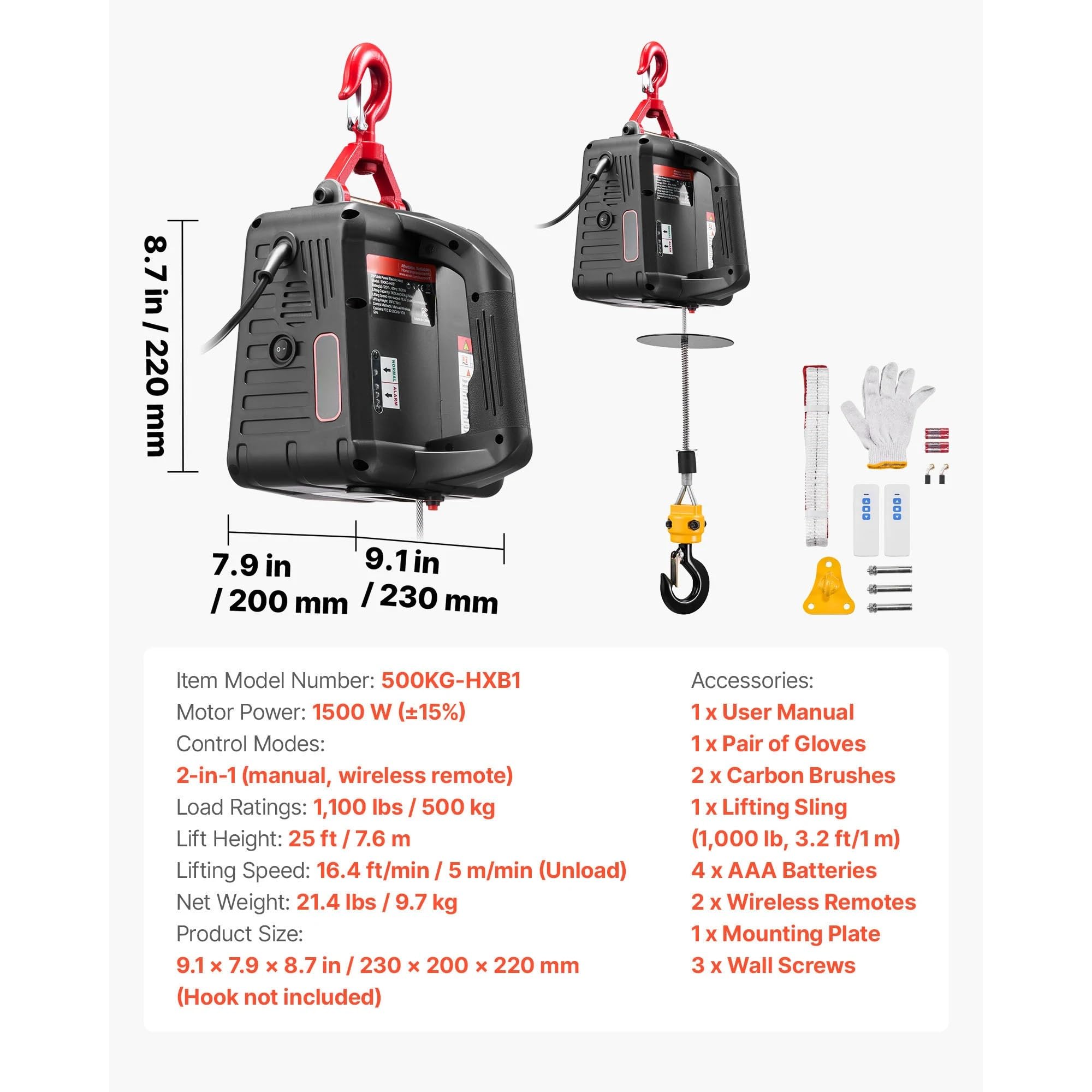 Wciągarka na kable elektryczne Wciągarka elektryczna 1100LBS 2 w 1, ręczna i bezprzewodowa, przenośna żuraw elektryczny, wysokość podnoszenia 25 stóp Wciągnik elektryczny