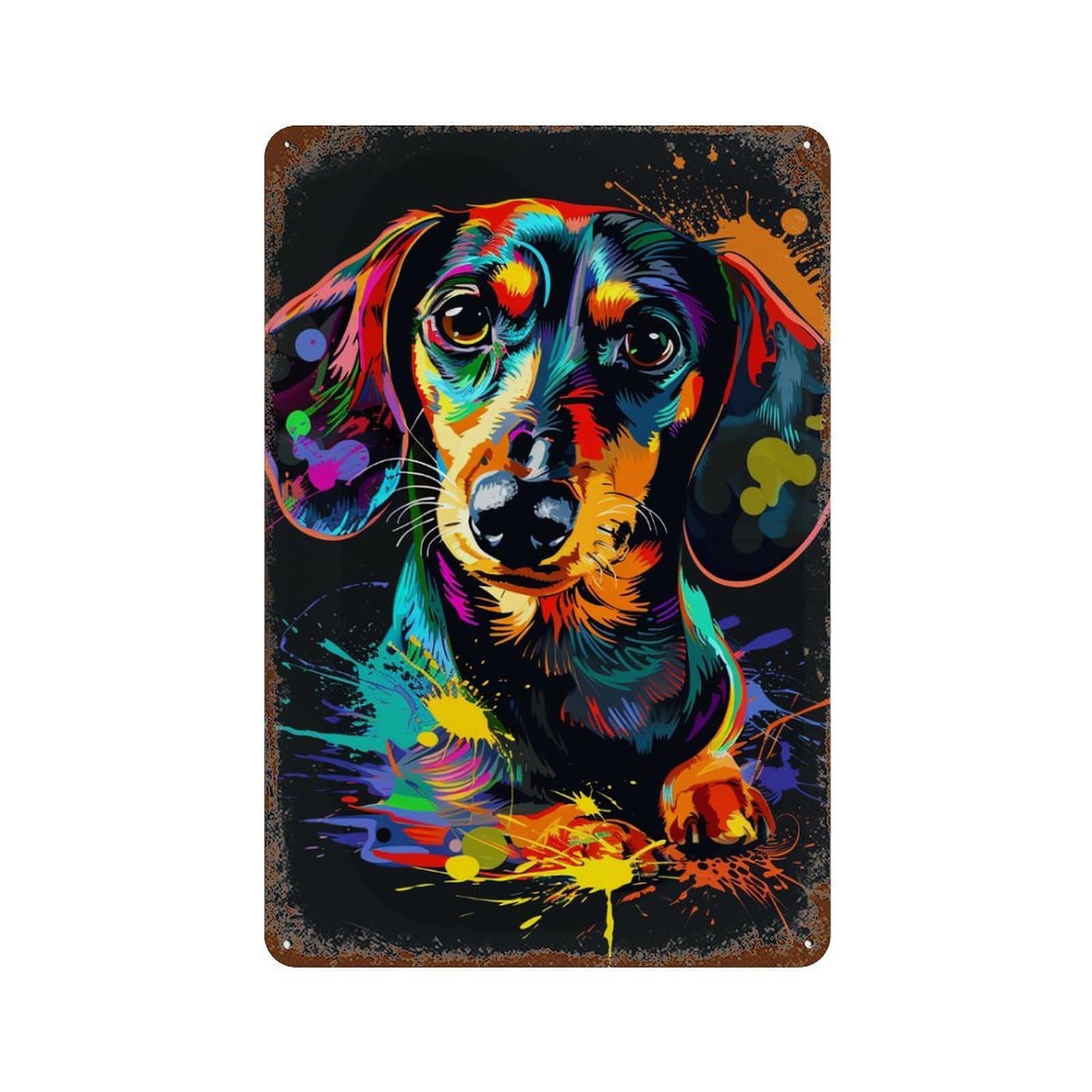 Rust Effect Colorful Dachshund Art Print Decorative Tin Sign 11.8"x7.9", Classic Wall Plaque for Pub, Kitchen And Man Cave Decor