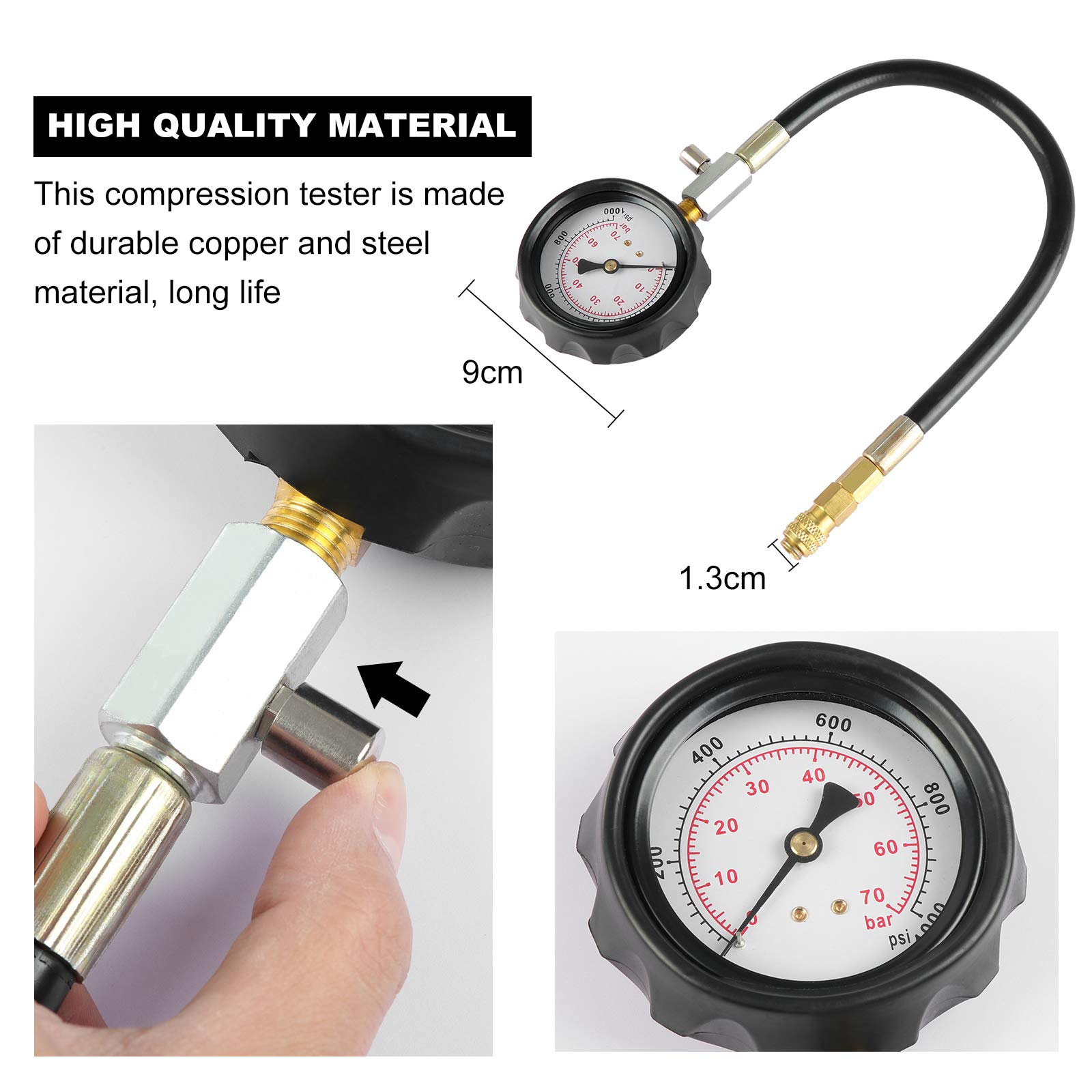 tester compressione motore TDI CDI test diagnostico manometro kit, dispositivo di misurazione 0-1000PSI kit test pressione cilindro motore, per trattori con motori diesel auto