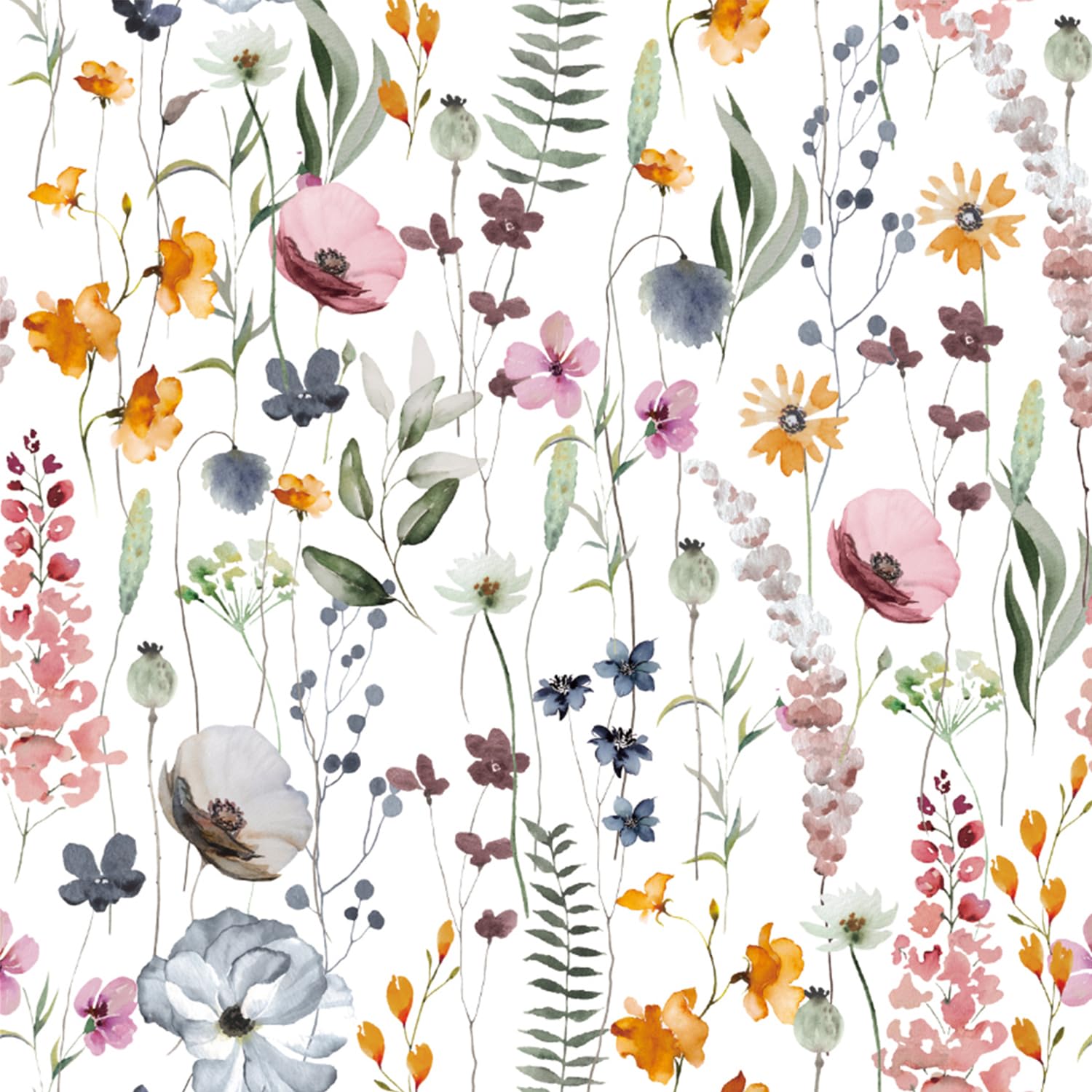 CHDITB Blumen Tapete Selbstklebende,Aquarell Blumen Möbelfolie Klebefolie,Boho Wohnzimmer wandstickers(44x300cm) Weiß Blumentapete,Pflanzen Möbelfolie Selbstklebende Schlafzimmer Küche