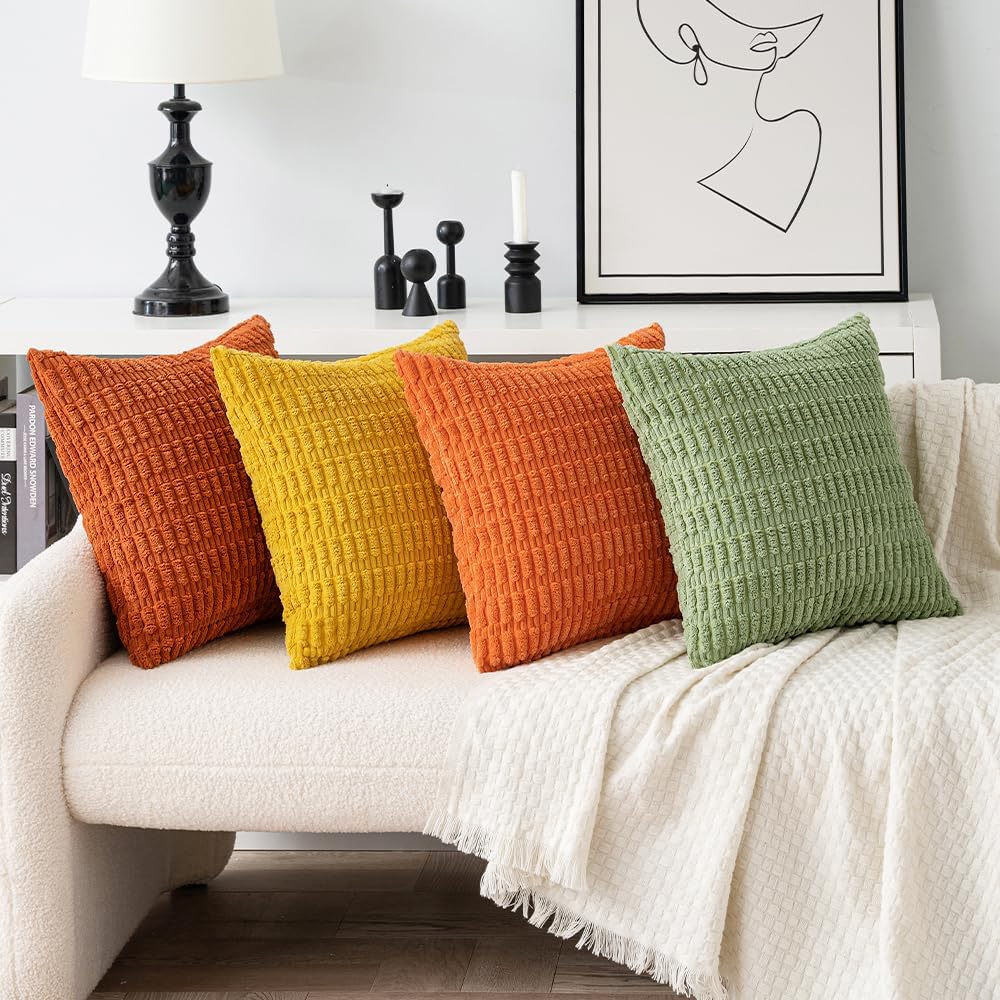 MIULEE Pack of 4 Summer Western Boho Corduroy Decorative Throw Pillow Covers 20x20 Inch Modern Accent Soft Striped Pillow Covers Home Decor for Sofa Living Room Couch Bed Orange Green