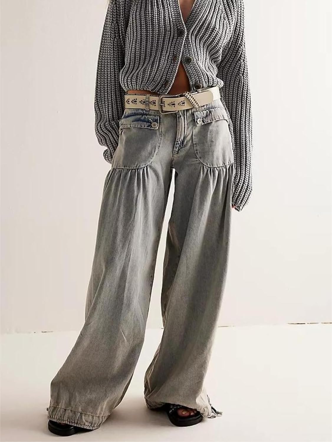 chouyatou Women's Boyfriend Baggy Lotus Jeans Y2k Barrel Jeans Drawstring Bottom Wide Leg Pleated Denim Pants - Image 2