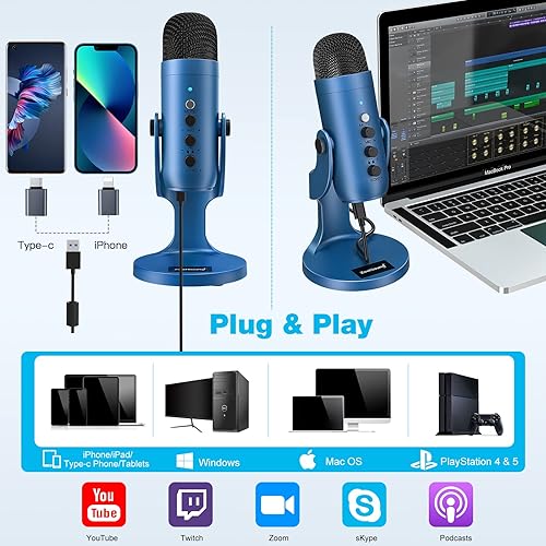 Miniatura 2 de ZealSound Micrófono USB, micrófono de condensador para juegos para teléfonoportátilPCPS45computadora, micrófono con perilla de ganancia, silencio