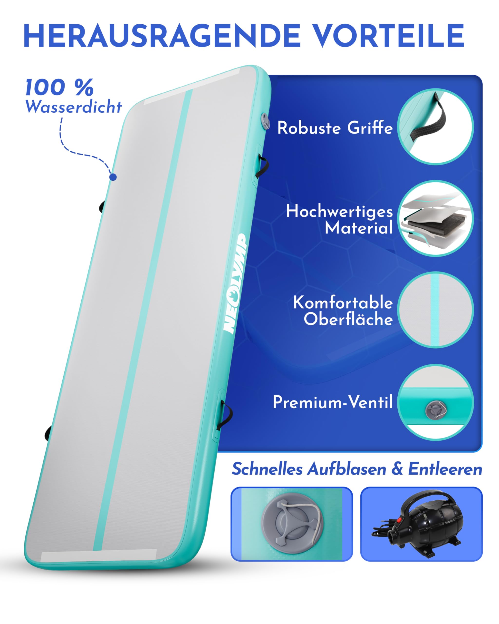 NEOLYMP Turnmatte - Tumbling Matte 3m - Aufblasbare Sprungmatte Kinder & Erwachsene - Rutschfeste Gymnastikmatte - Sportmatte mit elektrischer Luftpumpe