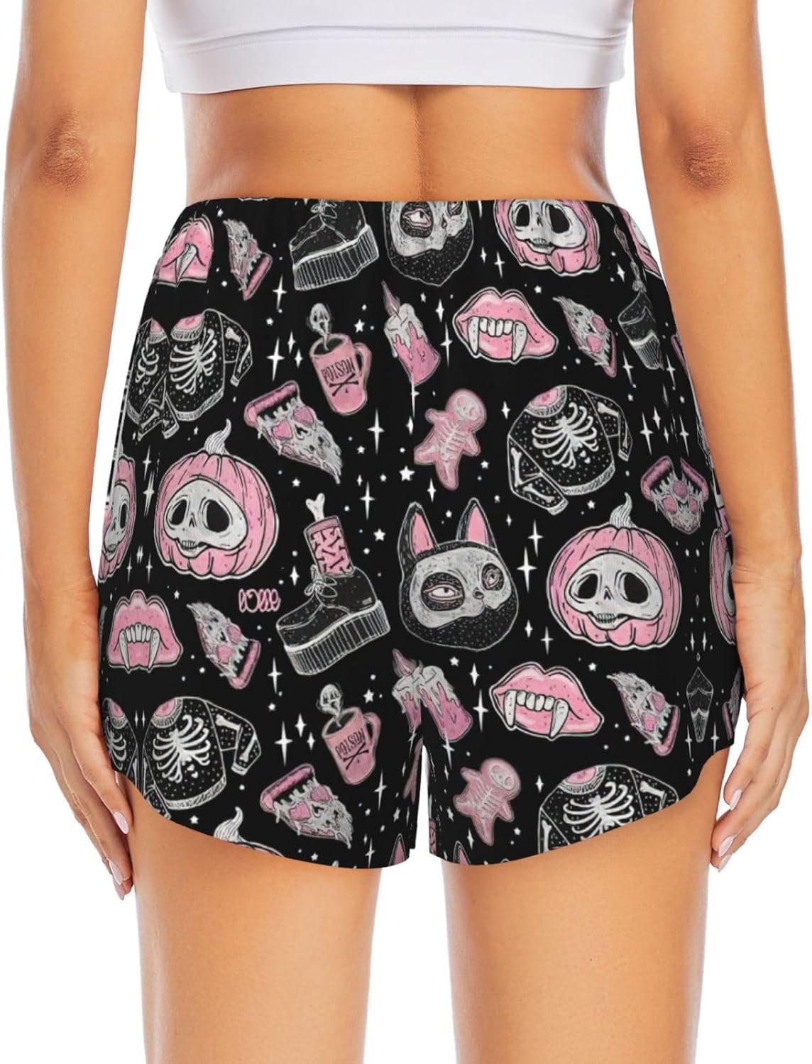 Halloween Pumpkin Cat Print Womens 2 In1 Running Athletic Workout Yoga Shorts with Pockets Gym Elastic Workout Shorts