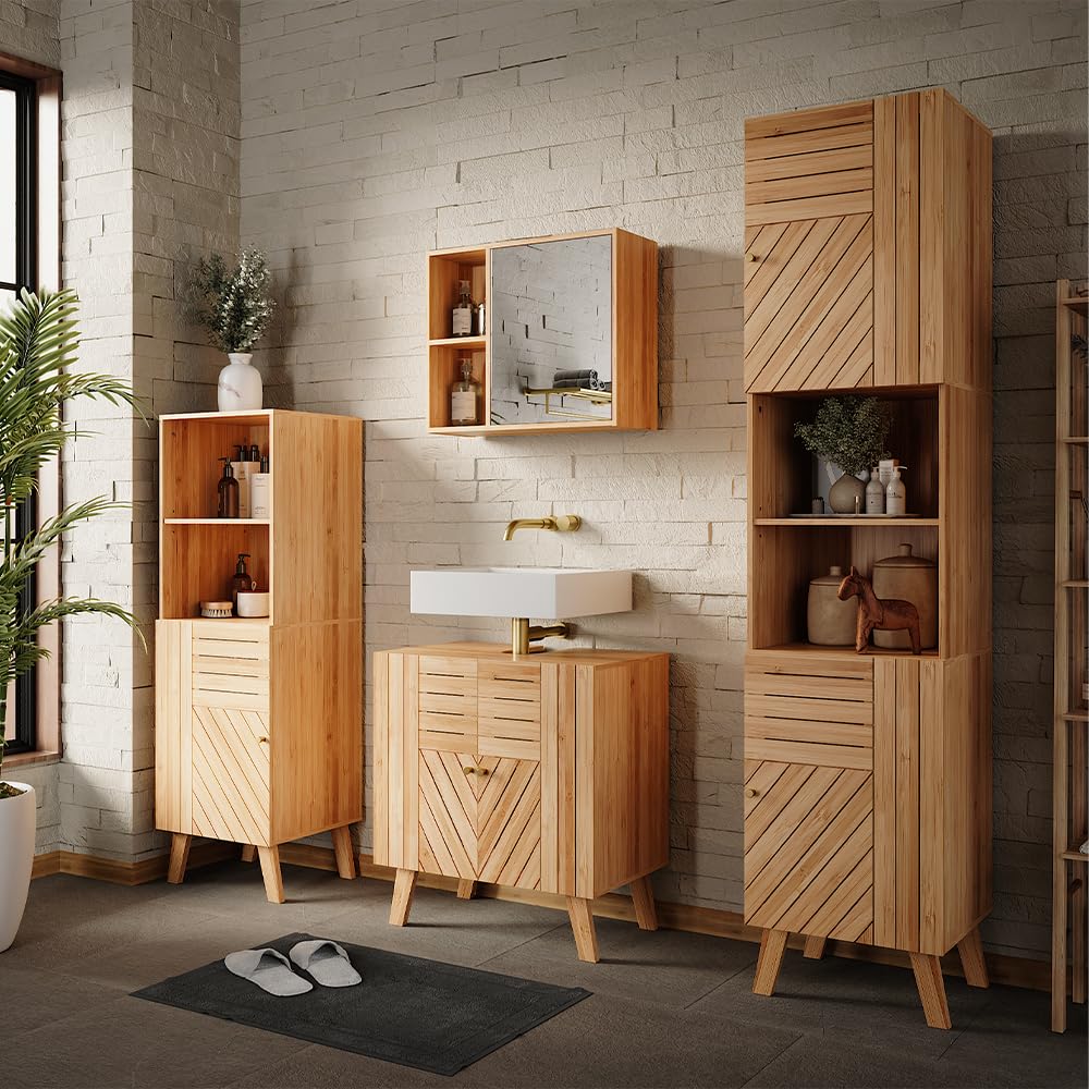 Vicco Mobile a specchio per il bagno Lucie, Bambù, 54 x 44.5 cm con specchio, adatto per la conservazione salvaspazio di accessori da bagno