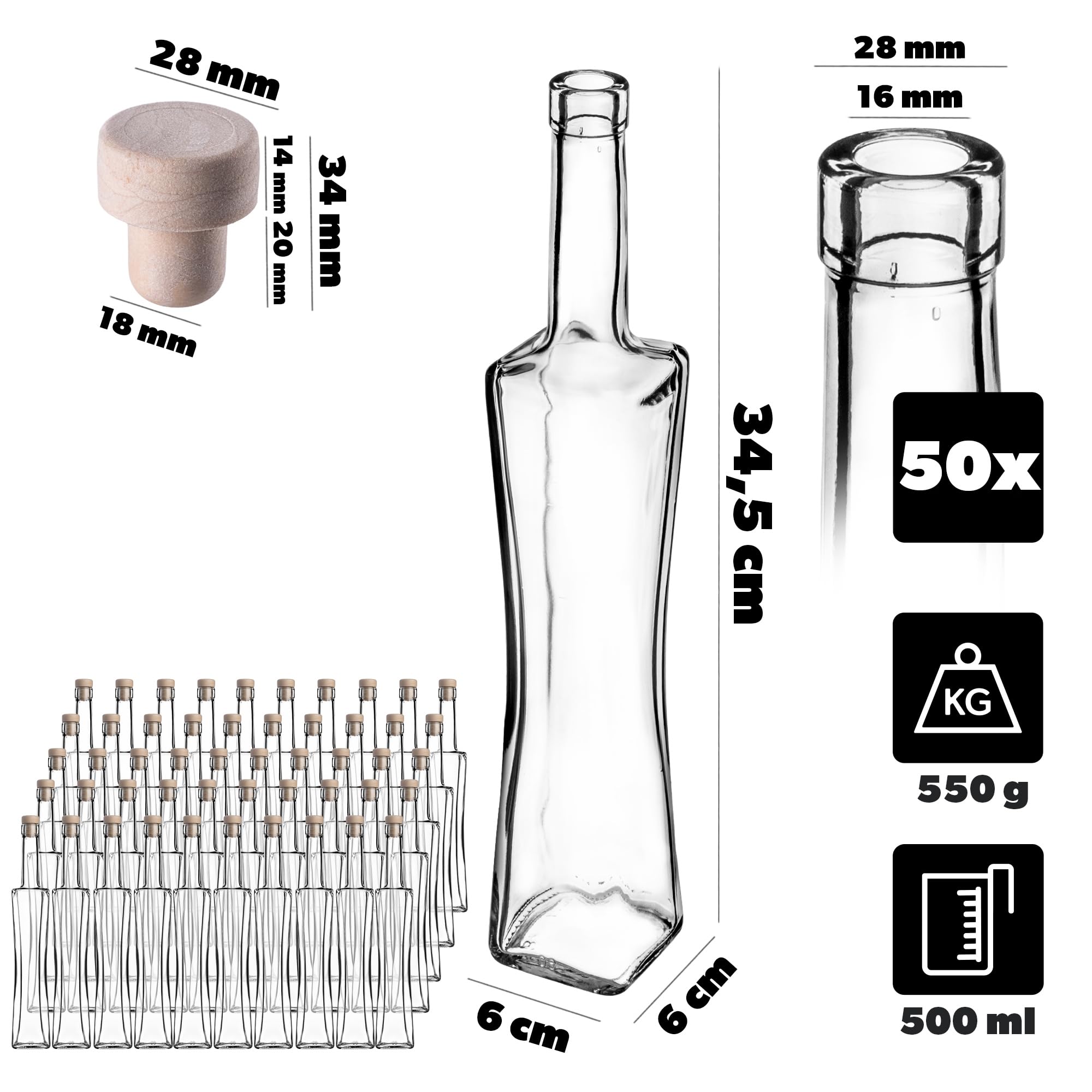 KADAX Juego de 50 botellas de cristal de 500 ml con corcho, botellas vacías para rellenar licor, licor, aceite y vinagre, ideales para regalar botellas de cristal reciclables