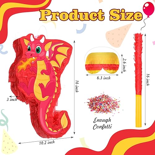 Miniatura 2 de Piñata de dragón de 16 pulgadas, piñata de dinosaurio con palo vendados y confeti, piñata de dinosaurio tiranosaurio, piñata de dinosaurio que