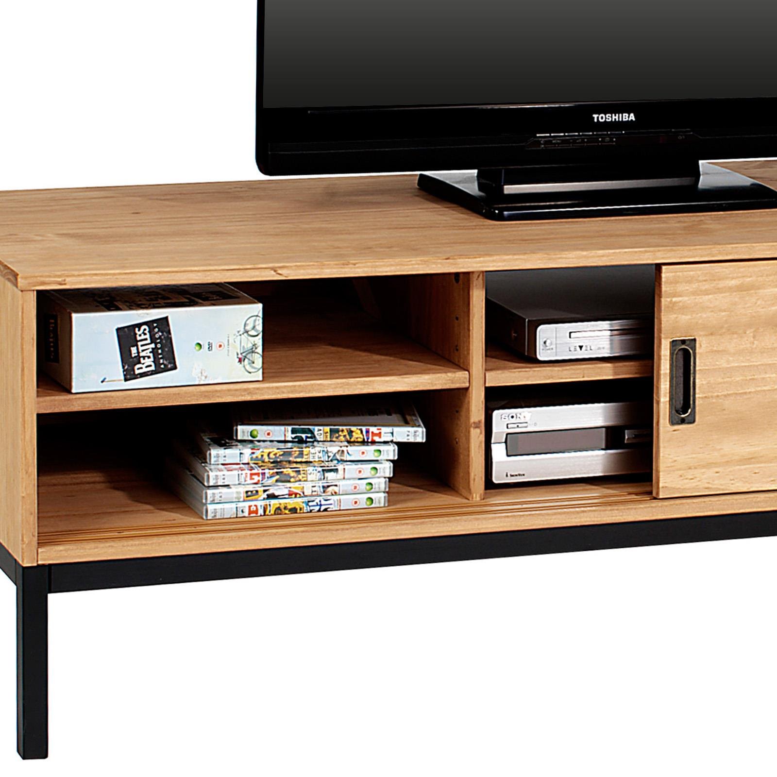IDIMEX Lowboard TV Möbel Selma, Fernsehtisch Fernsehschrank im Industrial Design mit 2 Schiebetüren 1 offenes Fach, Kiefer massiv, gebeizt/gewachst