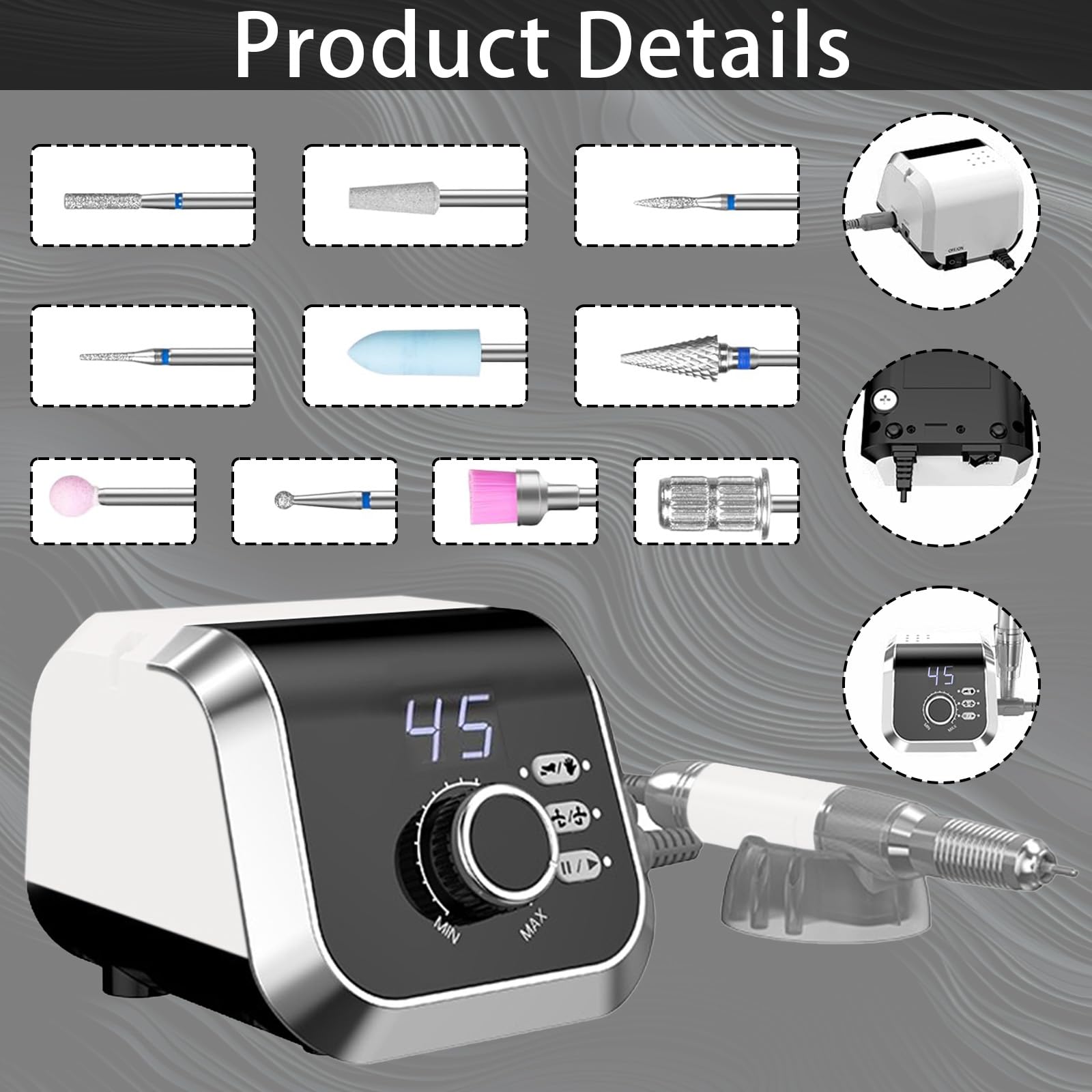 Torno para Uñas, 45,000 RPM Torno para Uñas Profesional, Limas de Uñas Profesionales con 45 Niveles Ajustables y Pantalla LCD, Set de Lima Electrica Uñas para Uso Doméstico y Salones de Uñas