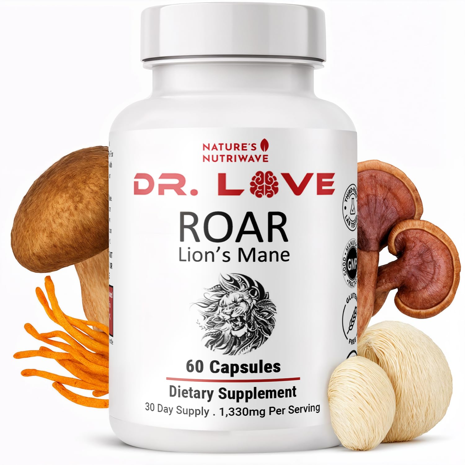 Dr. Love Roar Lion’s Mane Mushroom Supplement – Plant-Based Formula with Cordyceps, Reishi & Shiitake – Vegan, Gluten-Free, GMP Certified, Made in USA – 60 Capsules, 1 Month Supply