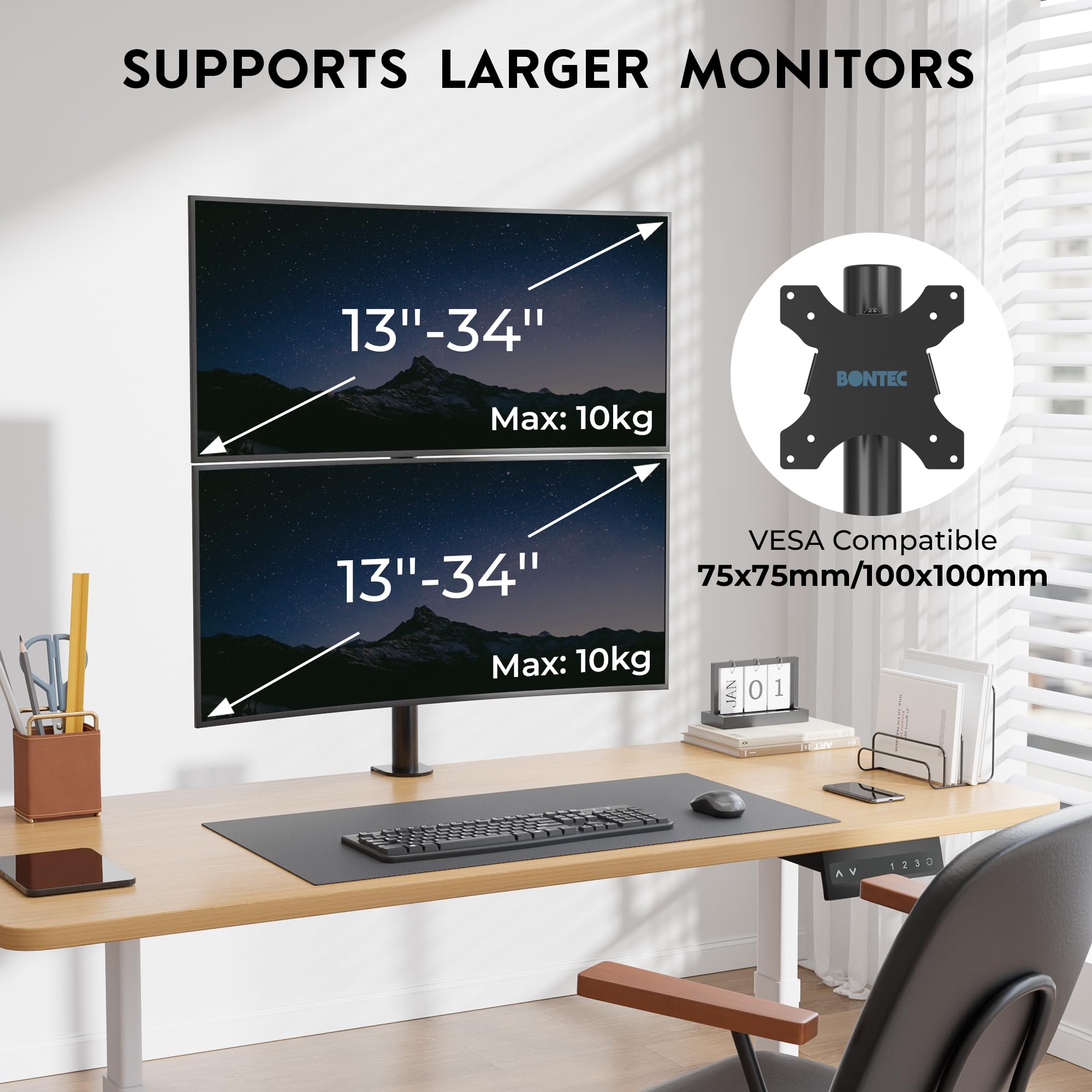 BONTEC Soporte Doble Monitor Vertical 13-34 Pulgadas VESA 75x75/100x100 10kg Brazo Inclinación Rotación Giro