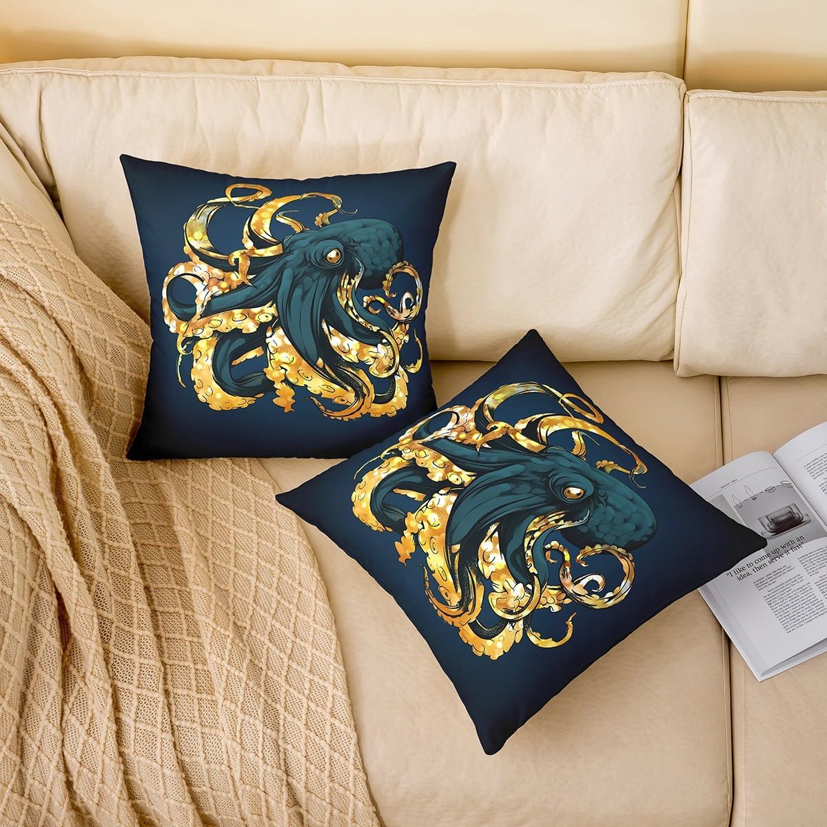 Cartoon Octopus Cushion Cover 24x24 Inch Glitter Tentacle Pillow Cover for Adult Teens Wildlife Marine Animal Throw Pillow Cover Sealife Ocean Life Decorative Pillow Cover Reversible Soft