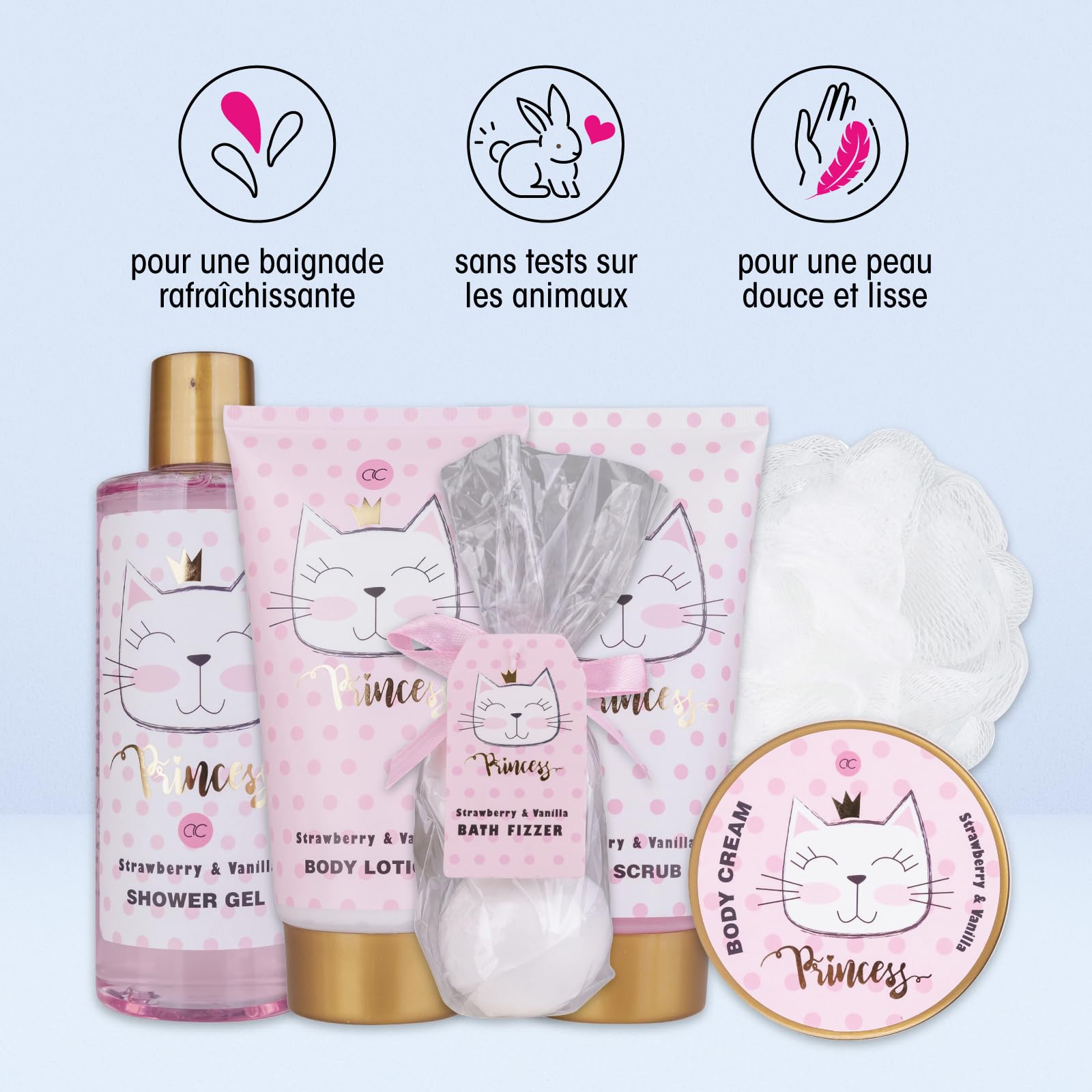 Accentra Coffret cadeau PRINCESS KITTY, coffret cadeau fille avec 250 ml gel douche, 180 ml lait corps, 180 ml gommage corps, 60 ml crème corps, 2 x 40 g bombe de bain, joli panier rose à offrir