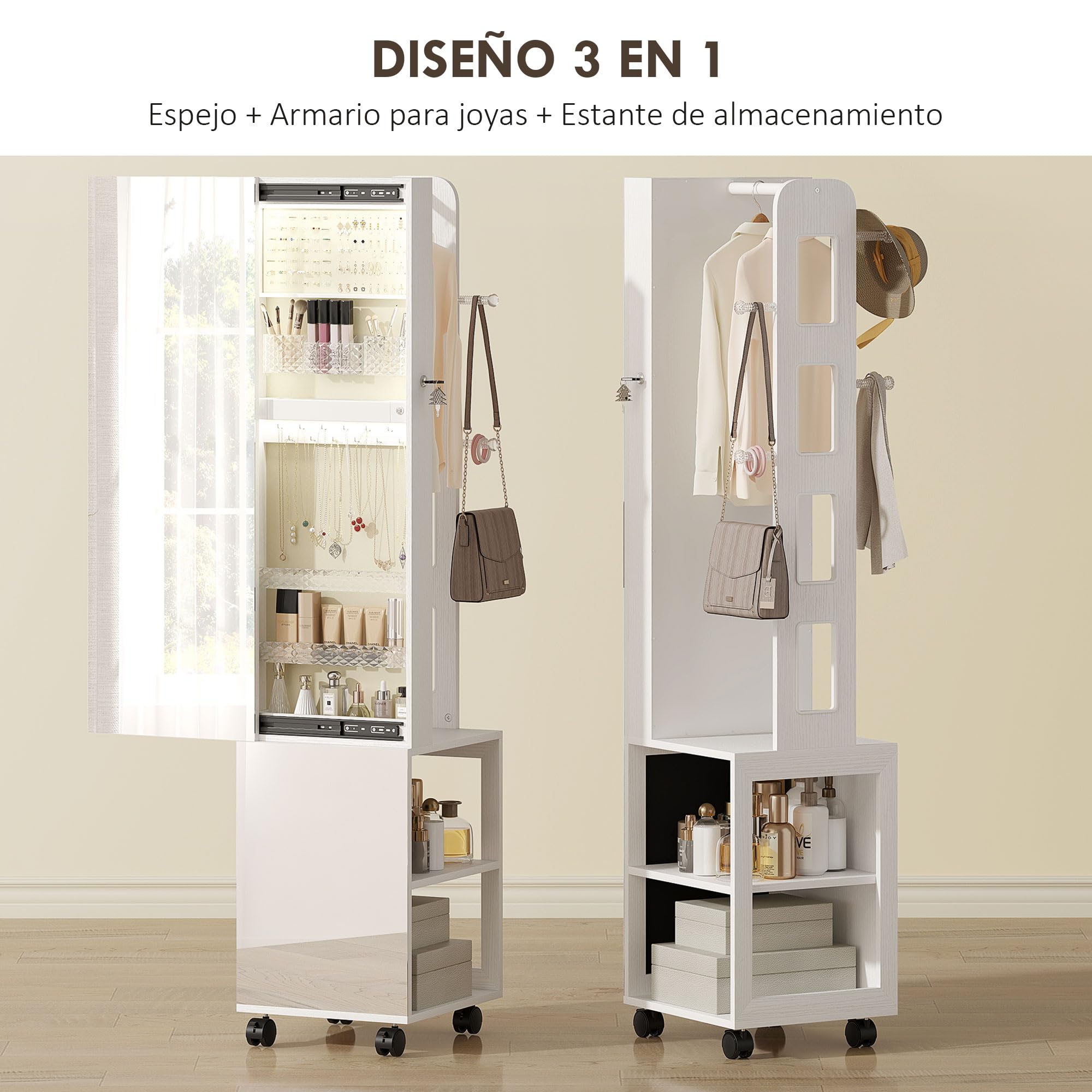 HOMCOM Espejo Joyero con Luces LED 3 Colores, Armario Joyero Giratorio 360° con Espejo sin Marco, Perchero, Cerradura con Llaves, Compartimentos, Blanco Beige