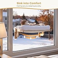 Vista 5 de Pecute Percha plegable para ventana para gatos, cama para gatos suave como la nube con marco de madera maciza, ventosa fuerte, cojín lavable, hamaca