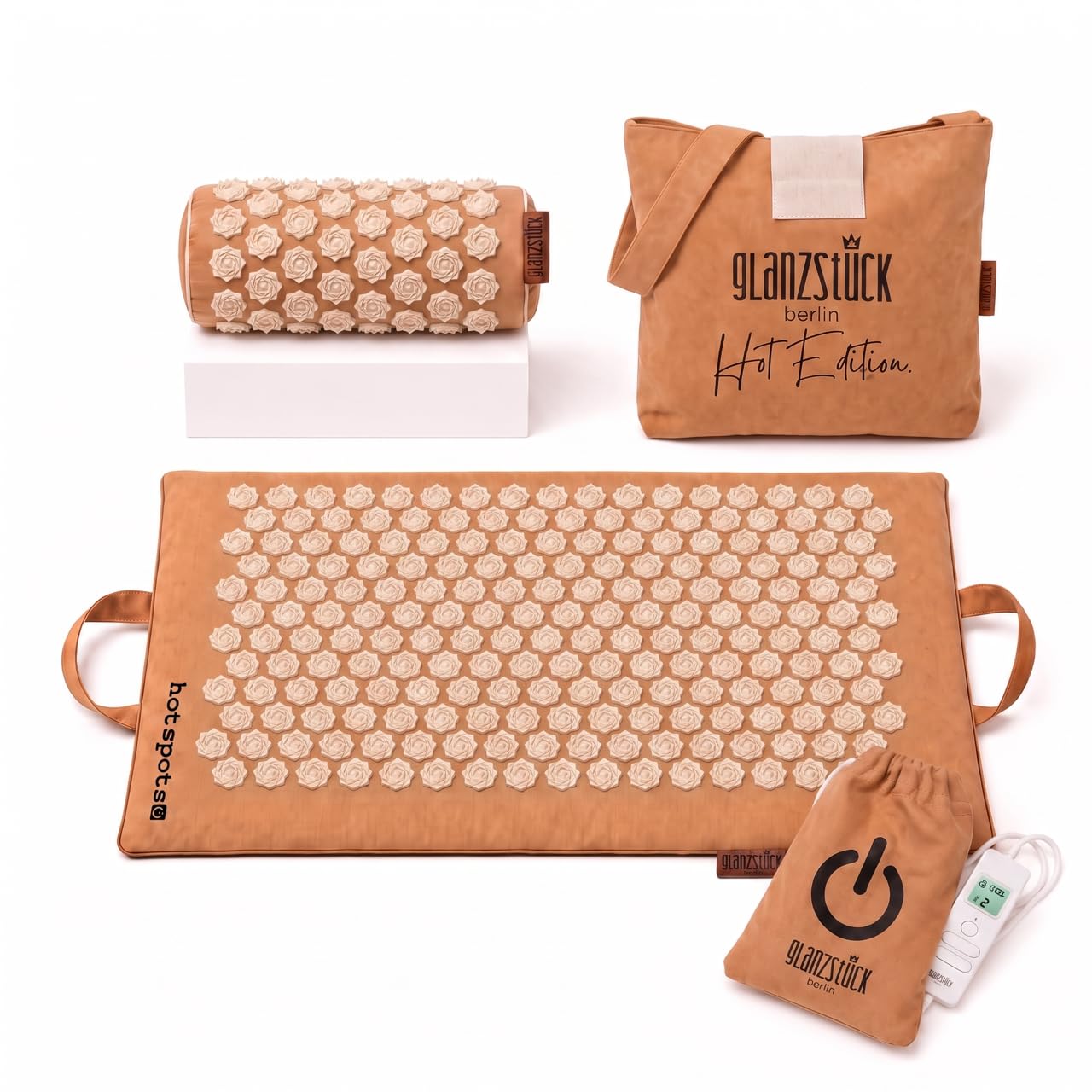 Glanzstück Berlin® Health Collection: set XL per agopressione Hot Edition riscaldabile elettricamente in lino, aiuto per tensioni, mal di schiena, tappetino da massaggio con borsa per cuscino