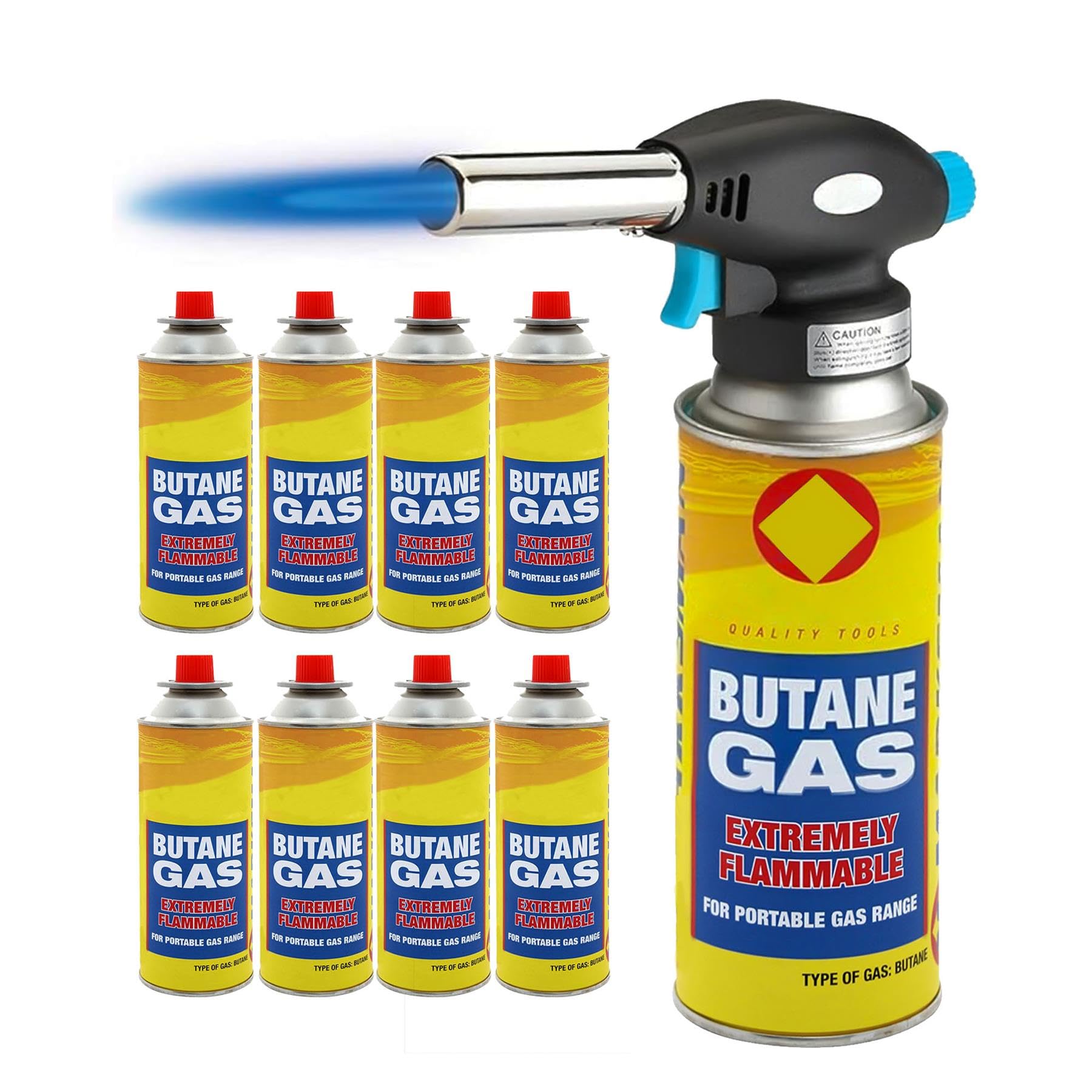 Dapetz ® Tête de chalumeau à gaz avec 8 brûleurs à gaz butane multifonctions pour soudure barbecue facile à utiliser PUSH'N Twist Cartouche de gaz en plastique et acier, taille 170 x 66 x 55 mm