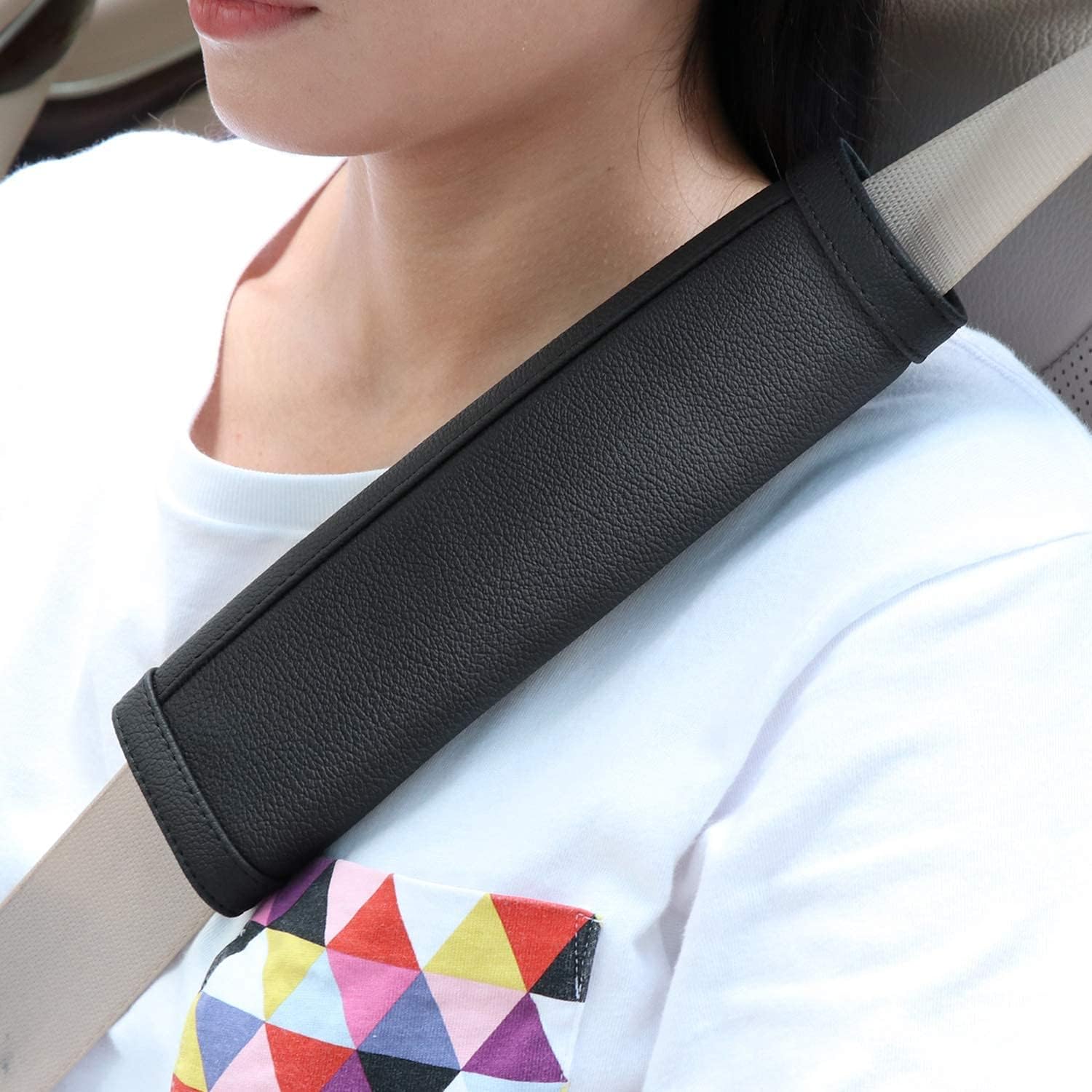 SEG Direct Microfiber Leather Auto Car Steering Wheel Cover with Seat Belt Pads Pack of 2 - Black