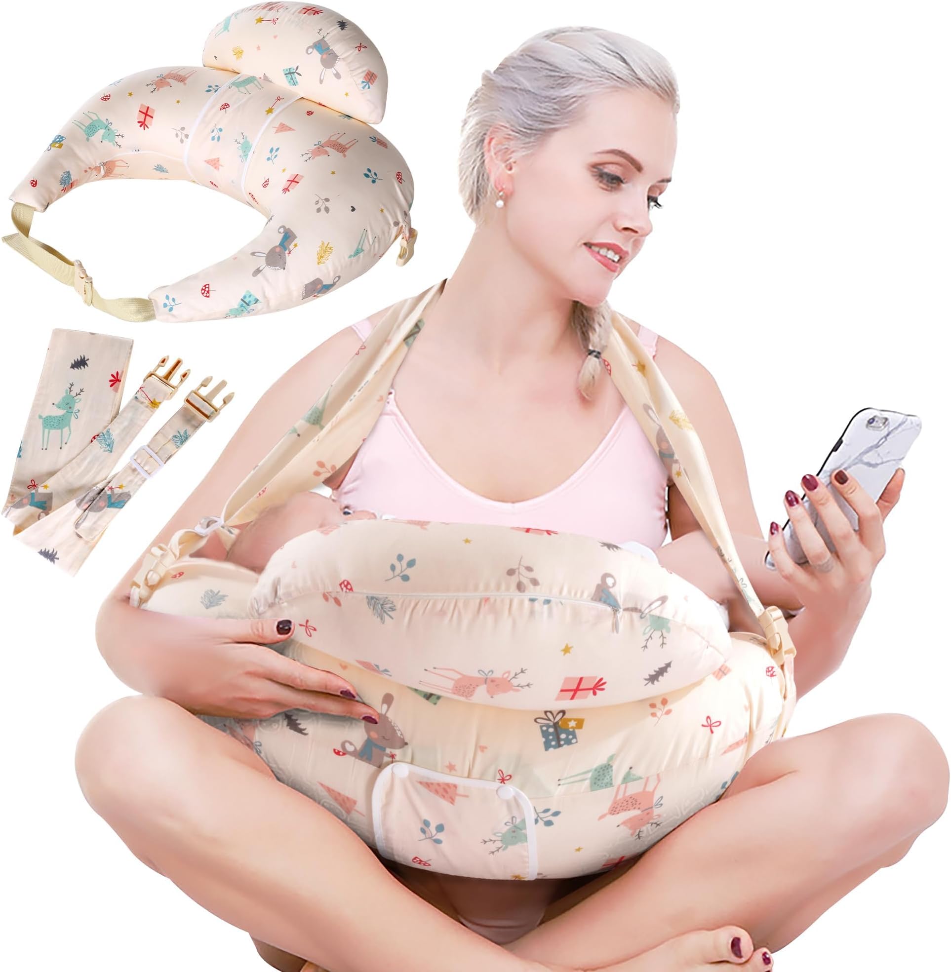 YOMYMNursing Pillow with Adjustable Shoulder Straps and Waist Belt for Mom and Baby Support, Nursing Pillow with Removable 100% Cotton Pillowcase, a Must-Have for Newborns