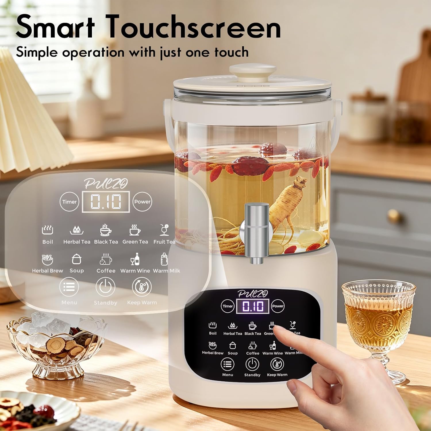 PULZO 3L Electric Kettle with Tap & Tea Infuser, Multi-functional Glass Beverage Dispenser, 6/24H Keep Warm, Temperature Control, Power Adjustment, All-in-One Health Pot Home & Office Use