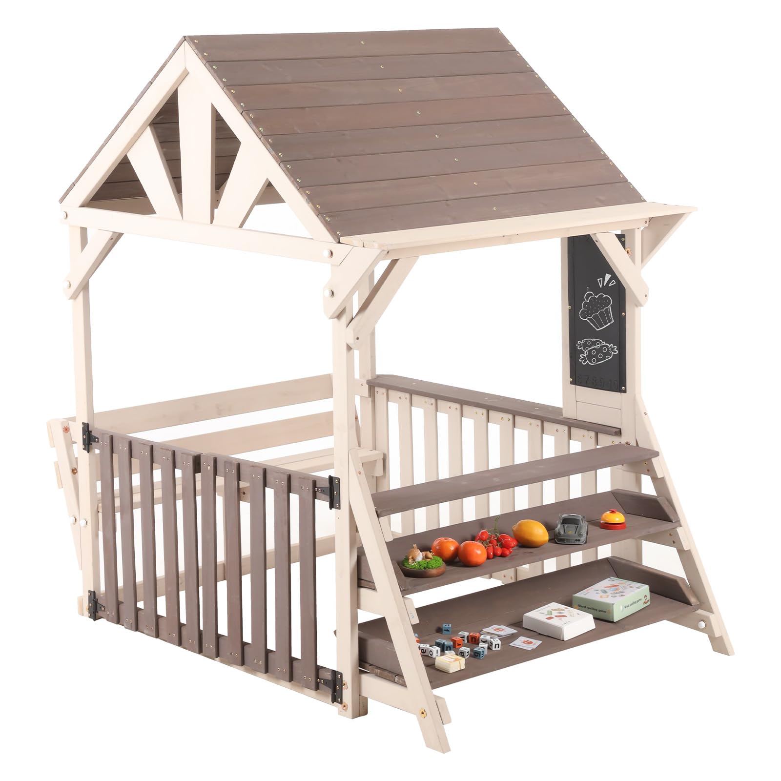 Set da cucina per esterni, a forma di casa, in legno con tetto antipioggia e ringhiera a mezza altezza, scaffale multiuso per piante e giocattoli, per bambini dai 3 anni in su, casa giochi