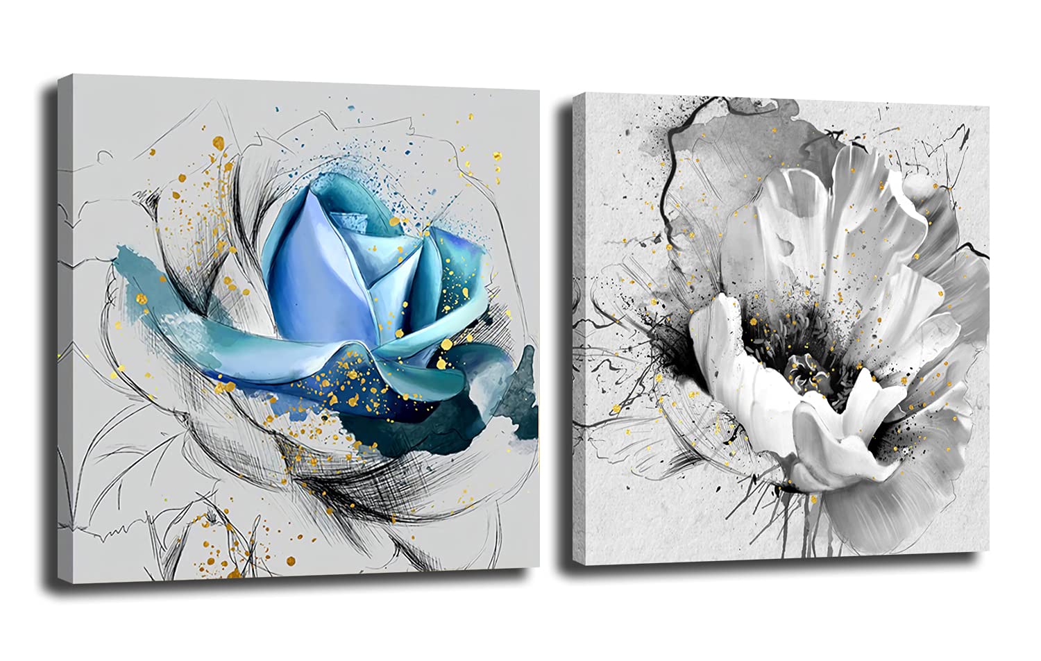 Aijuyuan.Li 2 Pieces Flower Living Room Decoration Canvas Wall Art Abstract Bright White Lotus and Blue Rose Print on Canvas for Image for Home，Bedroom, Office Stretch Suspension