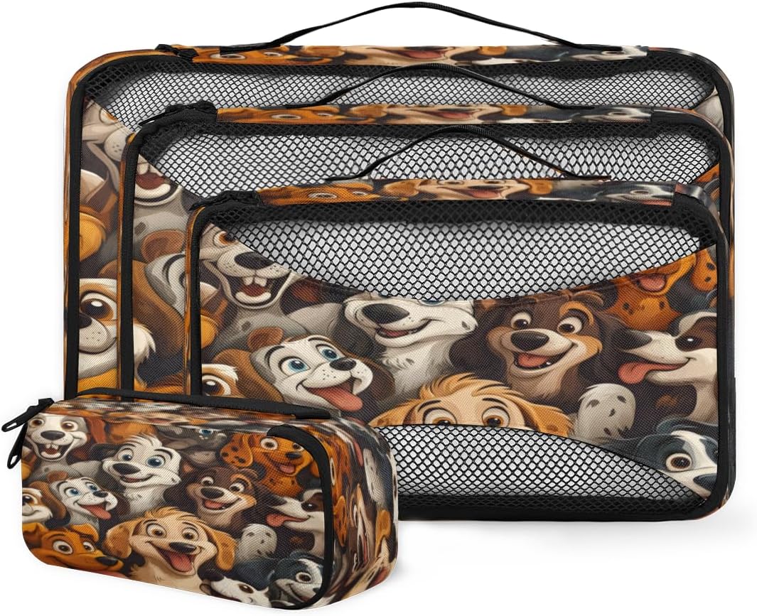 Packing Cubes for Travel Accessories with Double Zipper and Mesh Top 4 Piece Waterproof Funny Dogs Puppy Suitcase Luggage Organizer Bags for Clothes Shoes Cosmetics