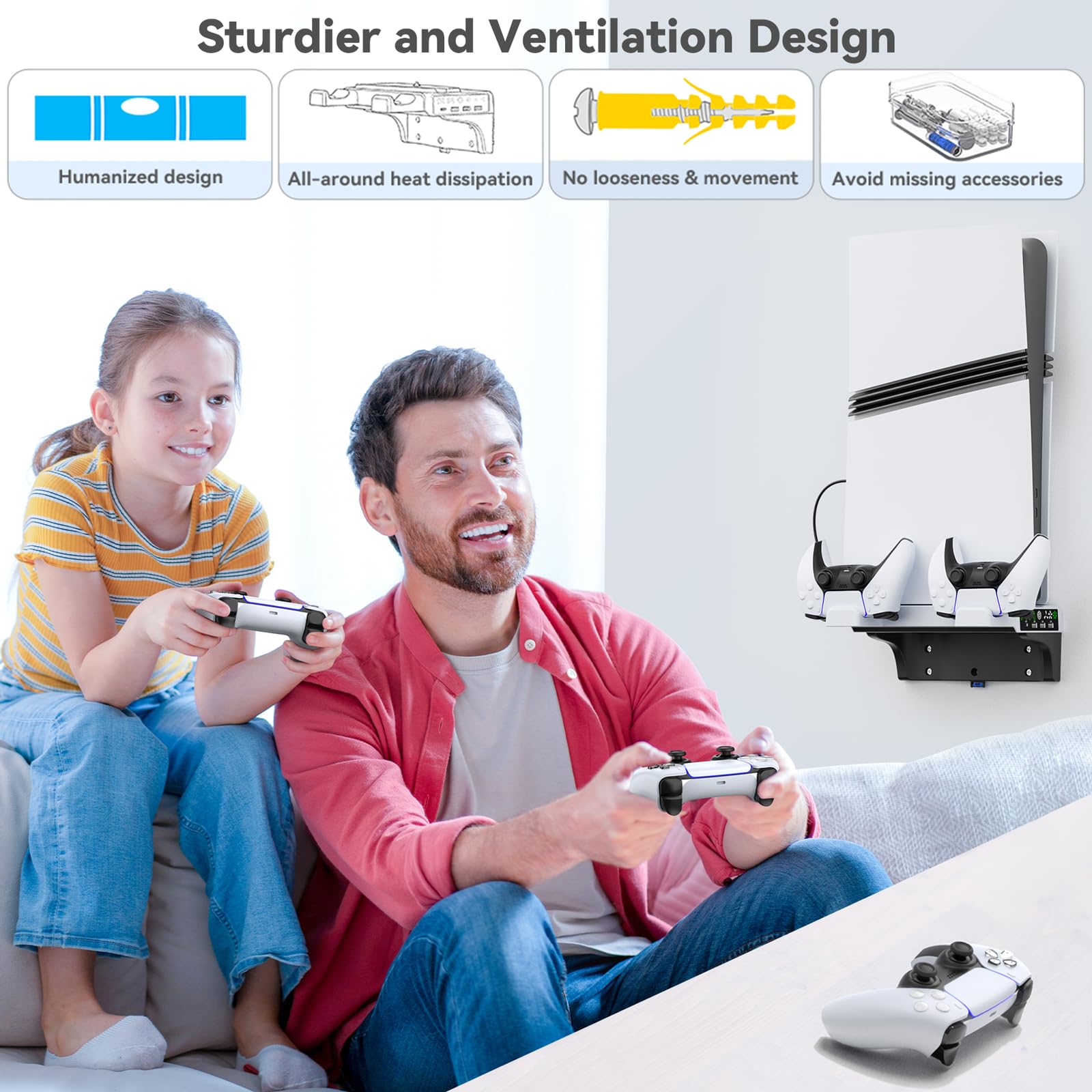 Support de Refroidissement Murale PS5 avec Chargeur Manette, Support PS5 pour Console PlayStation 5 Original/ Slim/ Pro, Ventilateur PS 5 à 4 Vitesses Réglable, Accessoire PS-5 et l'OrganisationPS5