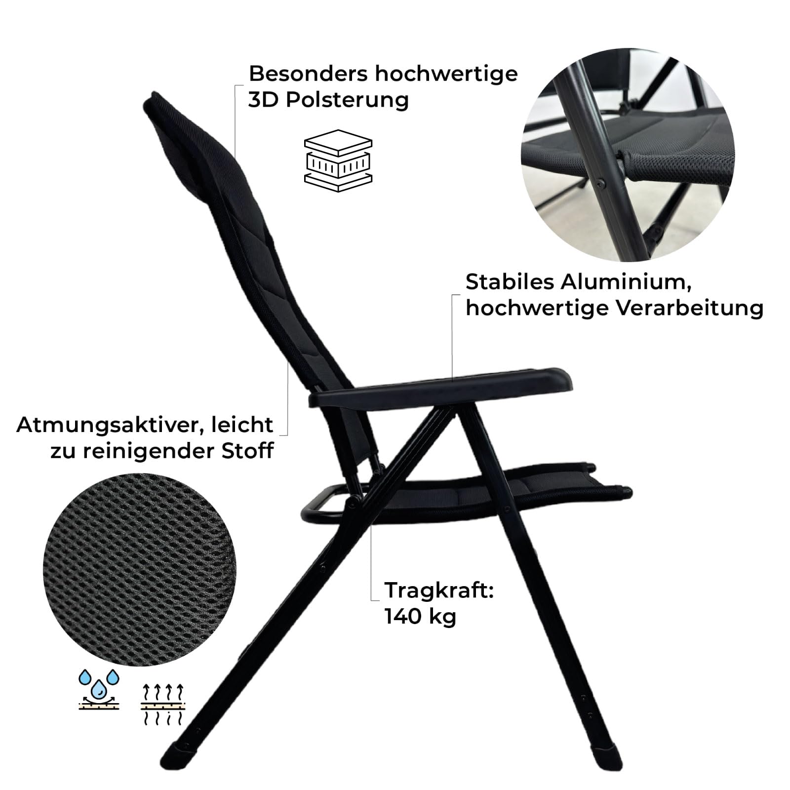 osoltus Klappsessel Comfort Plus Black Magic - Soft Touch Bezug - ergonomischer Camping-Stuhl - Klappstuhl für Garten, Balkon & Terrasse - Grey Stone - Schwarz