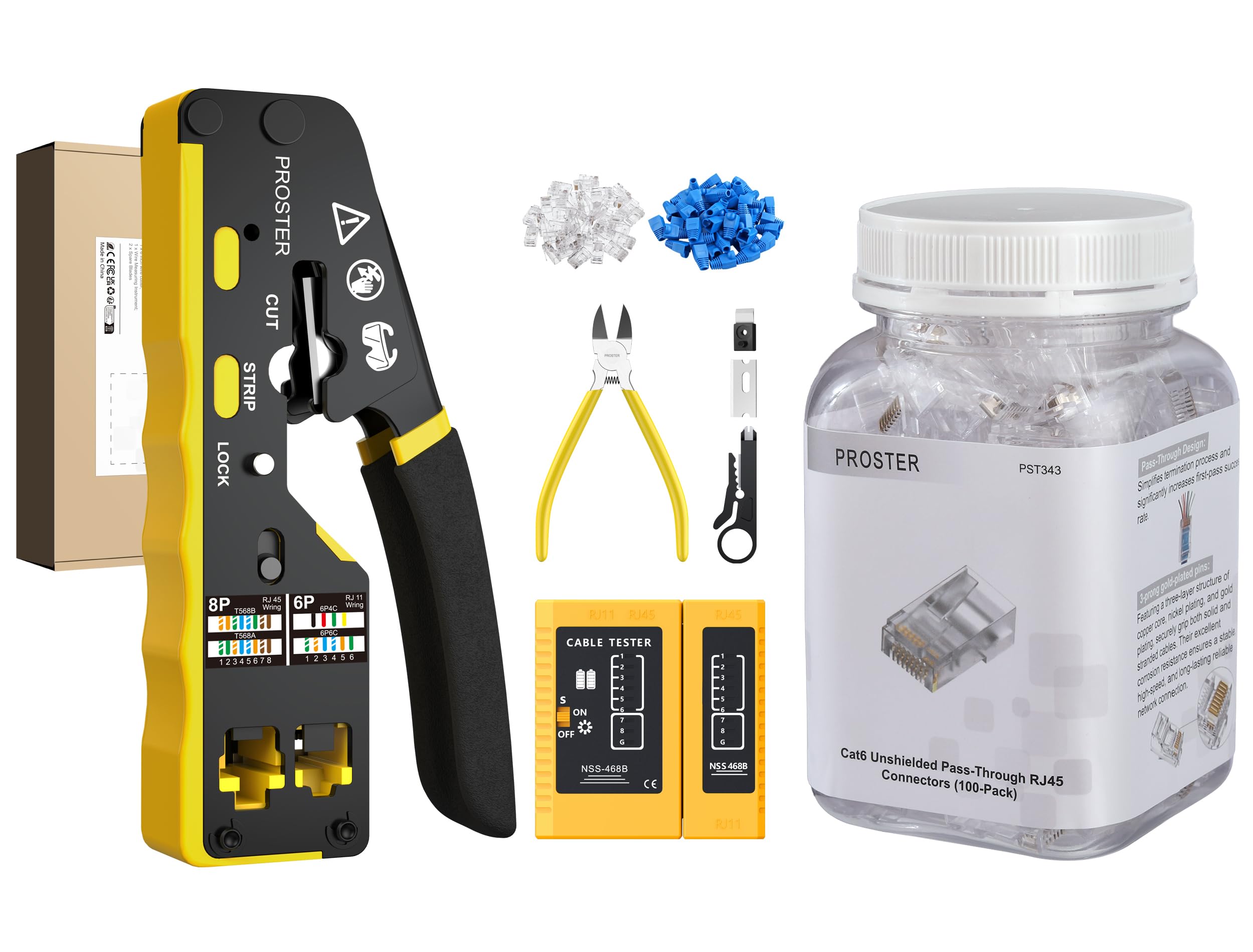 Proster Pince À Sertir RJ45 RJ11 Traversante Cat6 avec 50+100PCS Connecteur RJ45 Cat6