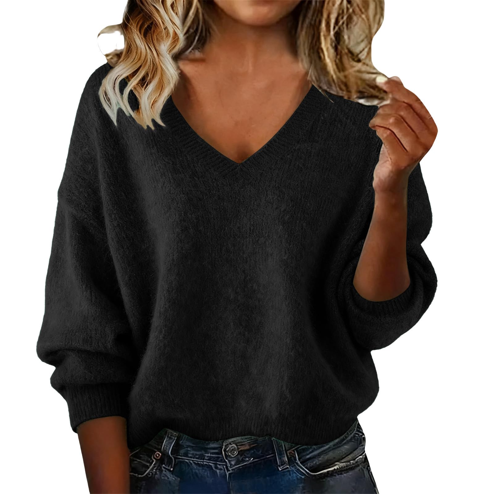 Womens Cashmere Sweater V Neck Pullover Long Sleeve Sweaters Fall Warm Solid Color Tops Winter Loose Fit Work
