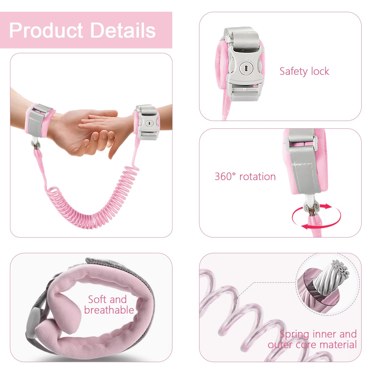 Guinzaglio per bambini 2,5M con chiave Braccialetto anti-perso regolabile 360° Rosa
