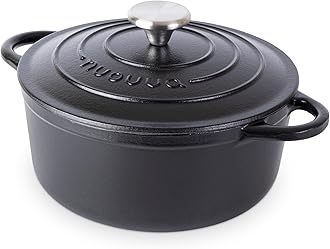 Cast Iron Dutch Oven with Lid – Non-Stick Ovenproof Enamelled Casserole Pot – Sturdy Dutch Oven Cookware – Black, 3.1-Quart, 22cm – by Nuovva
