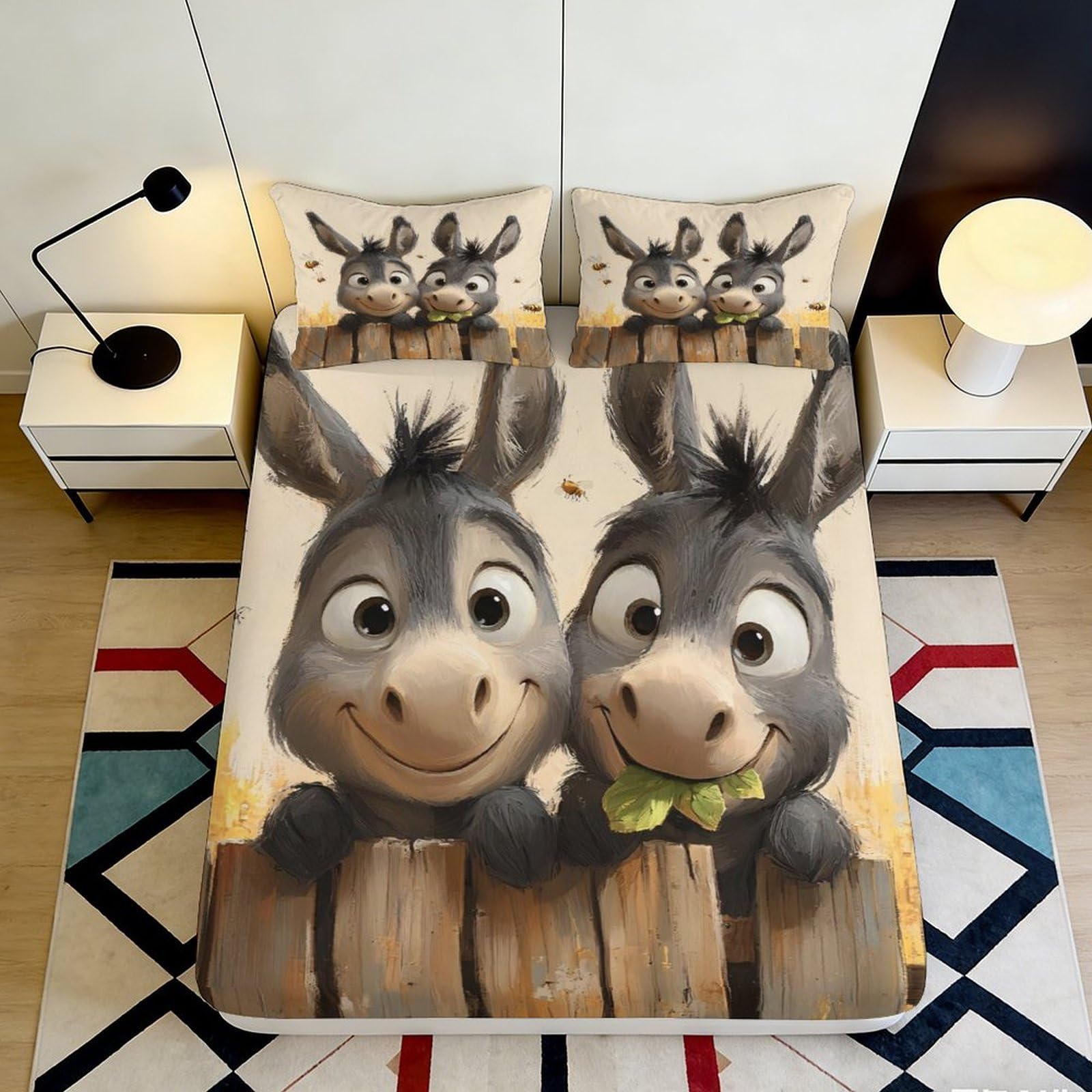3D Printed Cartoon Donkey Fitted Sheet Microfiber Soft Anti-Slip Farm Animal Mattress Cover for Bedroom Dorm Decor 90x200x25cm