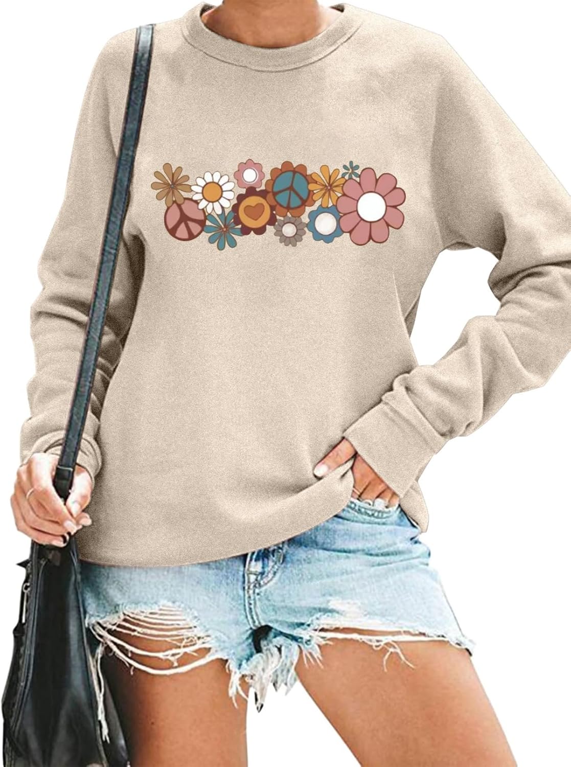 Flower Sweatshirt for Women Hippie 70s Pullover Vintage Minimalistic Floral Graphic Casual Long Sleeve Tops