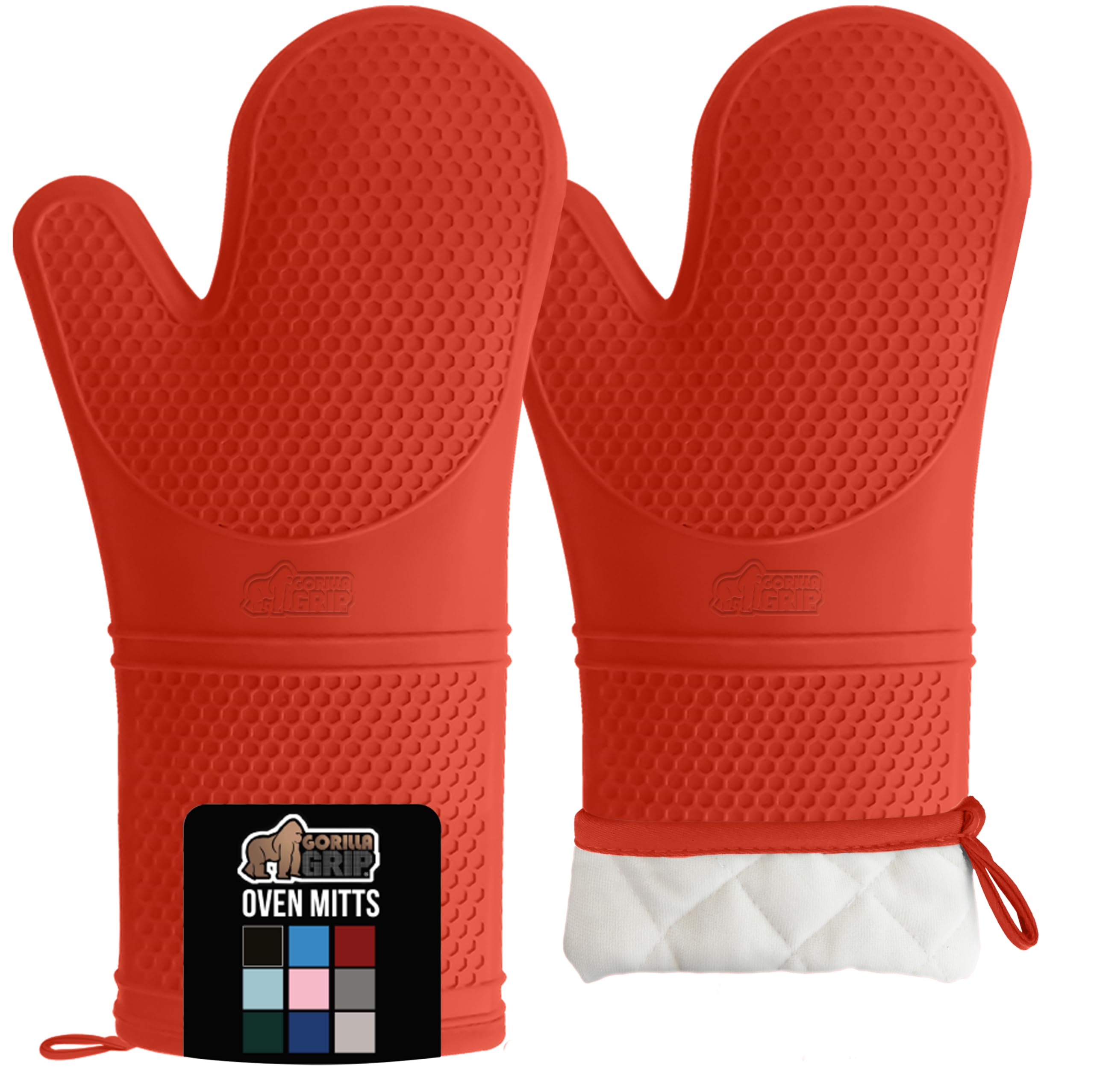 GORILLA GRIP BPA-Free Soft Silicone Oven Mitts, 14.5x8.3, Heat Resistant and Waterproof Cooking Gloves, Thick Cotton Lining, Flexible Gripping for Baking Grilling, Kitchen Potholders Set of 2, Coral