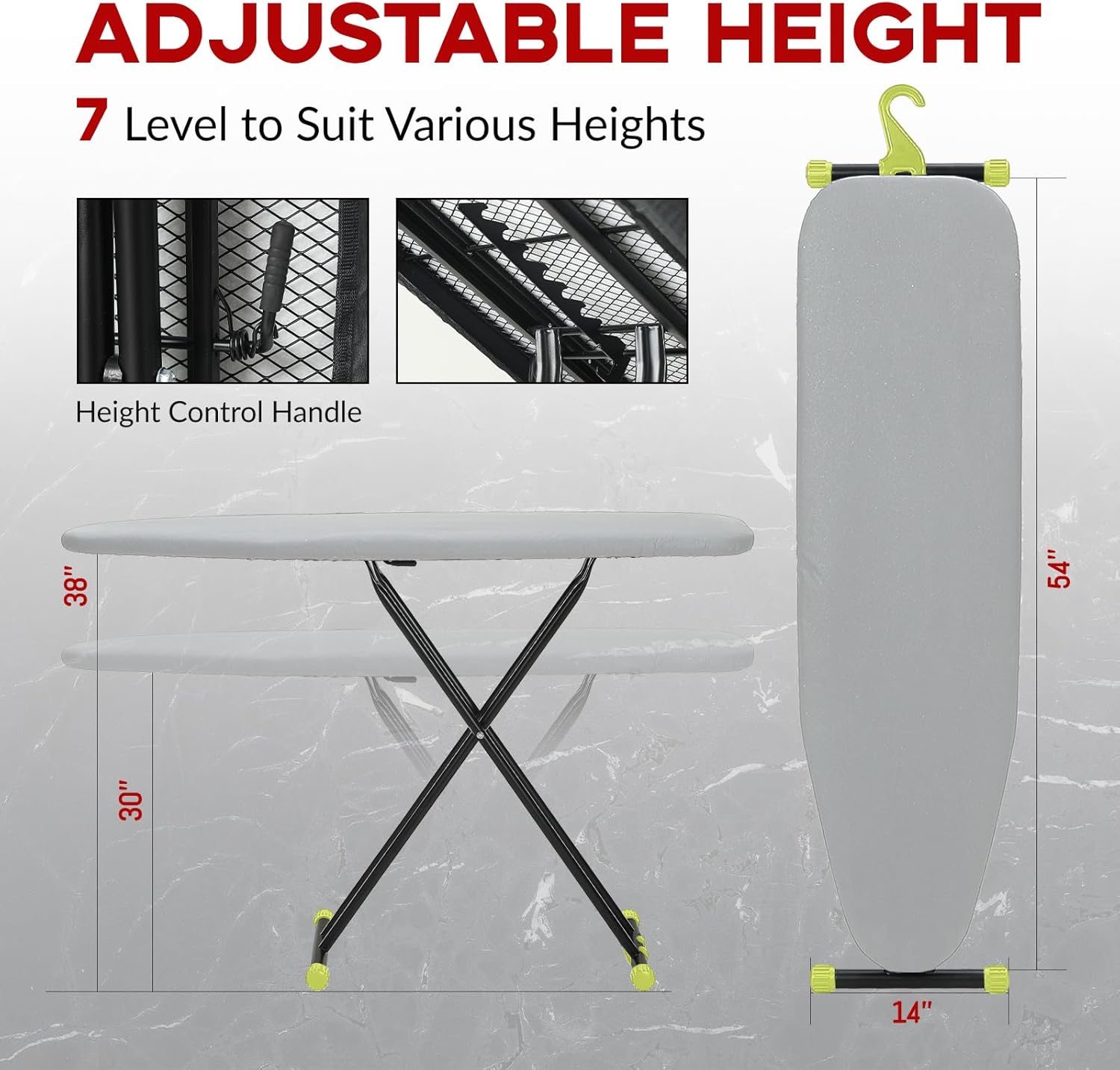 ironing board full size 54x14, rainhol height adjustable iron board with thick padded cover and smart hanger, heavy duty foldable ironing table with silicone pad iron rest, gray gray 54"l x 14"w