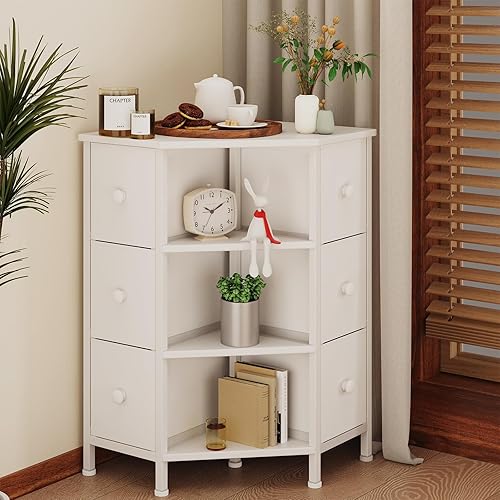 Corner Dresser, Corner Storage Cabinet Shelf with 6 Fabric Drawers