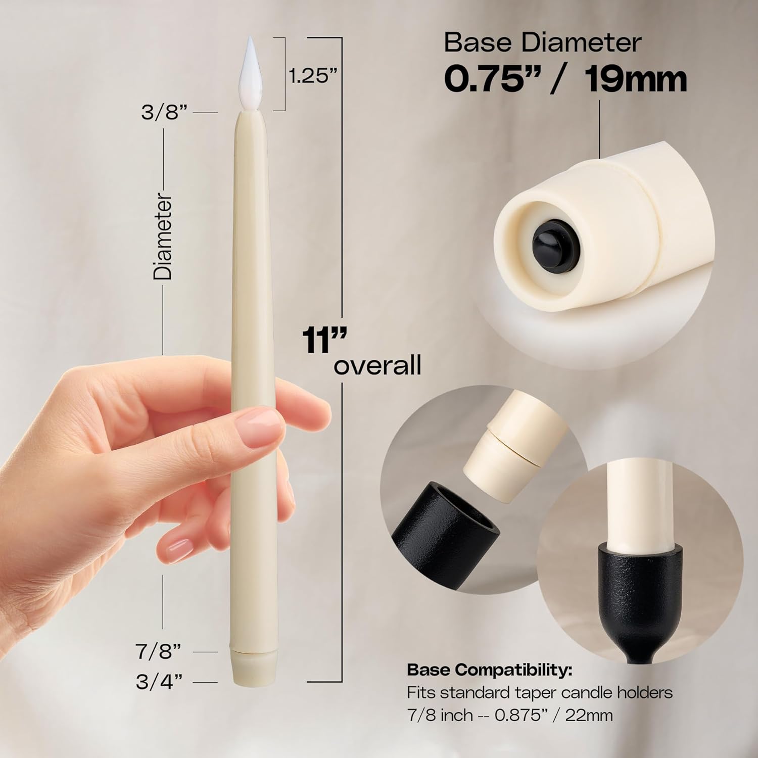 WYZworks 12 Pack, 11" Ivory Flameless LED Taper Flickering Candles Lights, Bottom On/Off Button (no Remote), Battery Operated Electric Long Tall Candlesticks for Christmas Candelabra Wedding Window