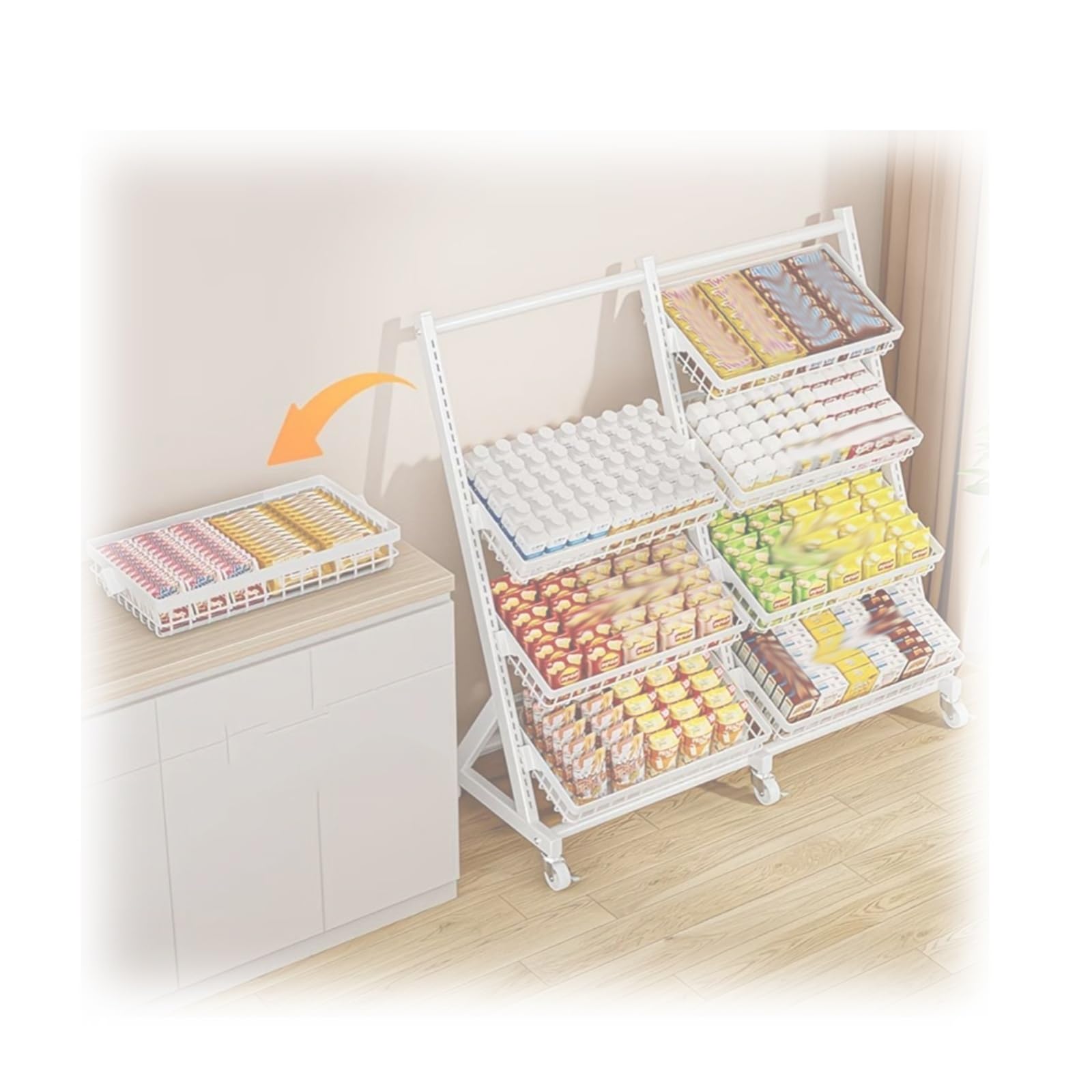 Generisch Freistehender Snackständer mit Rädern, Verkaufsregale für Obst und Gemüse, tragbarer Merchandiser für Supermarkt, Geschäft, Zuhause und Küche (6 Körbe)
