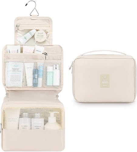 Miniatura 2 de Mossio Neceser colgante con gancho resistente, organizador de viaje grande portátil para maquillaje cosmético para hombres y mujeres Beige,Pájaro