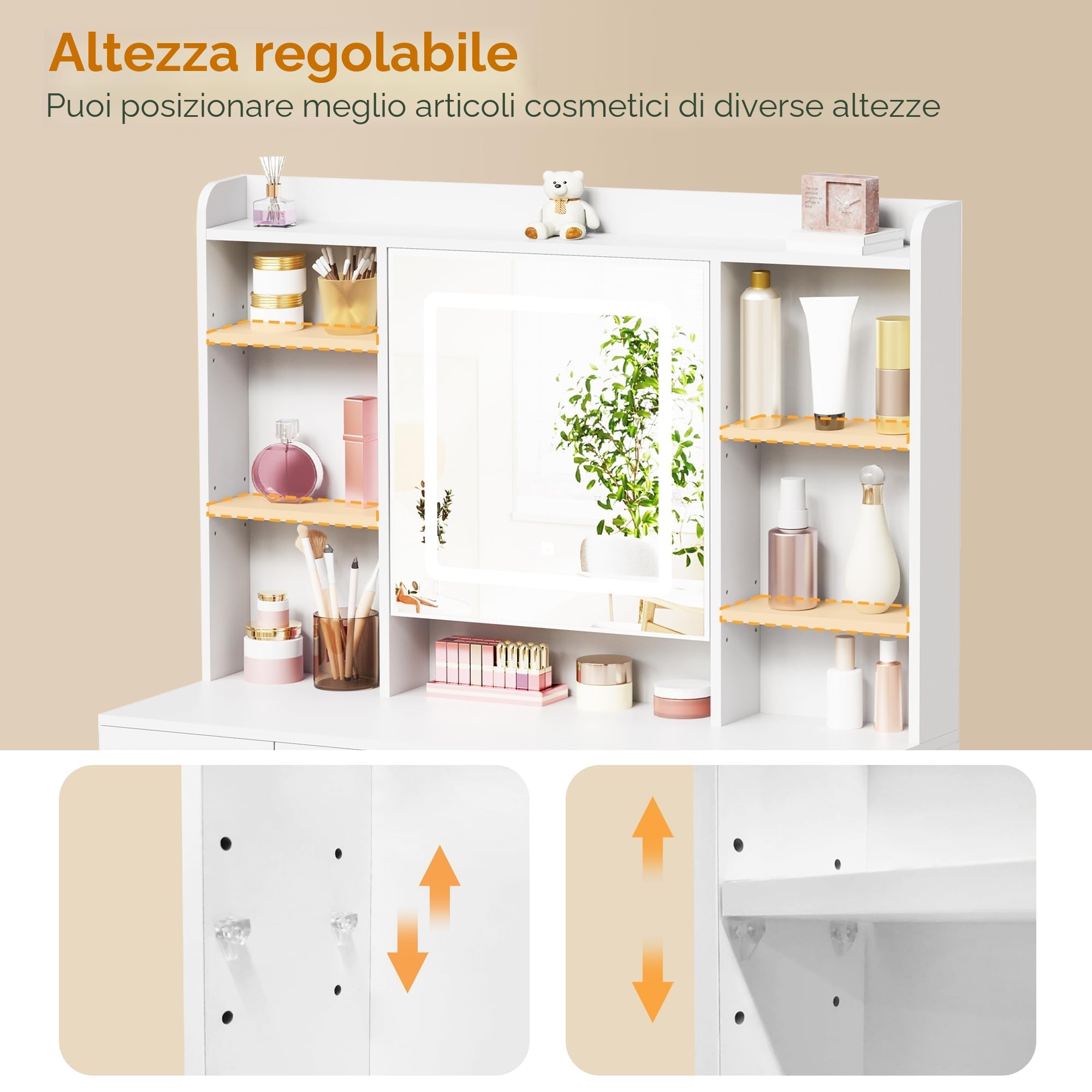 BEWISHOME Grande Toletta da Trucco con Specchio e Luci, Luminosità Regolabile, Toeletta Trucco con Sgabello, Presa, 9 Cassetti e 5 Ripiani Aperti per Camera da Letto, Bianco Postazione Trucco EFST36W
