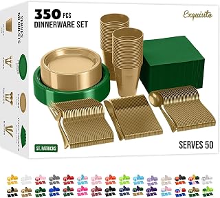 Exquisite 350 Pcs St. Patricks Plastic Plates For Party St. Patricks Disposable Plates Set, 50 Of Each 9" Dinner Plate Set, 7" Dessert Plate, Cups, Napkins & Cutlery Plastic Dinnerware