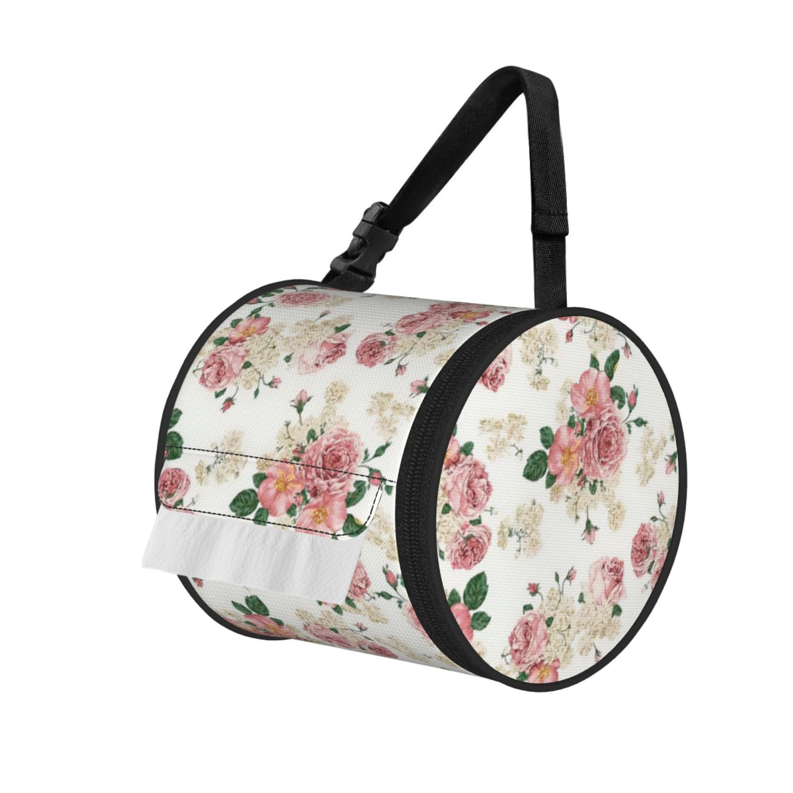 Rose Flower with Leaves Printed Toilet Paper Holder Bag, Adjustable Strap Roll Paper Organizer for Car Kitchen Outdoor