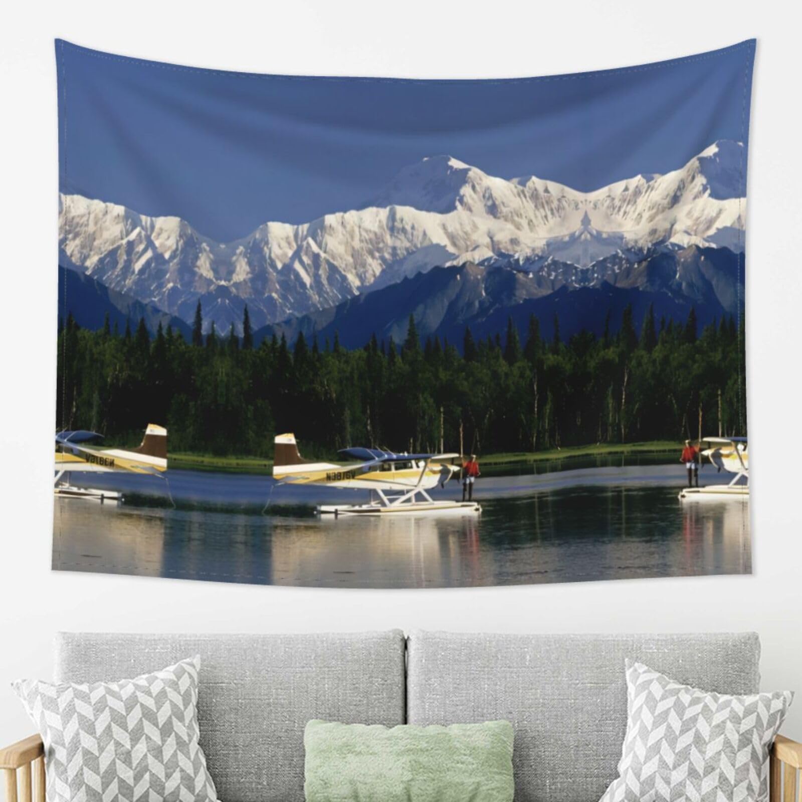 LPLSNWS Tapestry for Living Room, 80x60 Inches, Horizontal Style, Airplane on Lake Theme