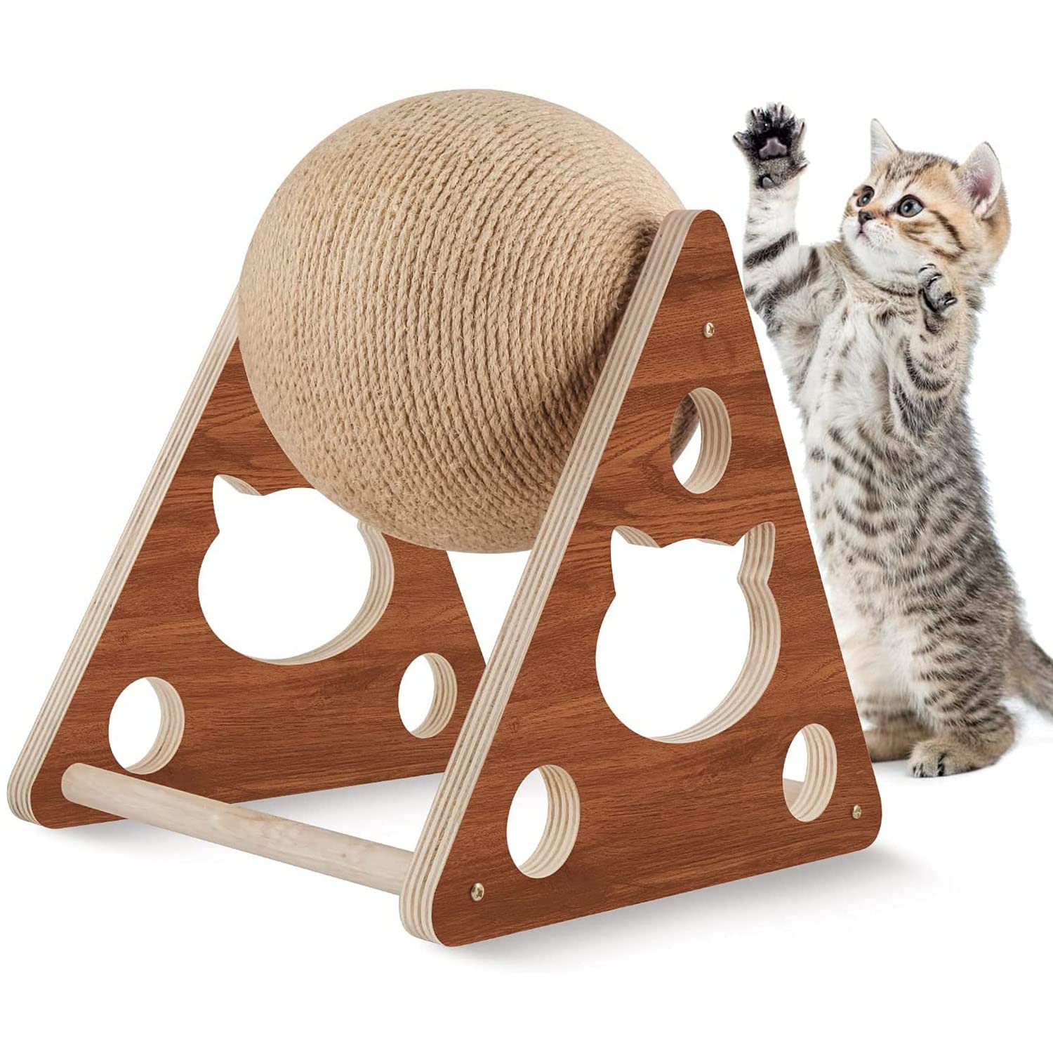 DLMAONN Cat Scratcher Toy, Natural Sisal Cat Scratching Ball, Cat Scratcher Toy with Ball, Scratching Ball for Cats and Kittens, Interactive Solid Wood Scratcher Pet Toy for Small Medium cat
