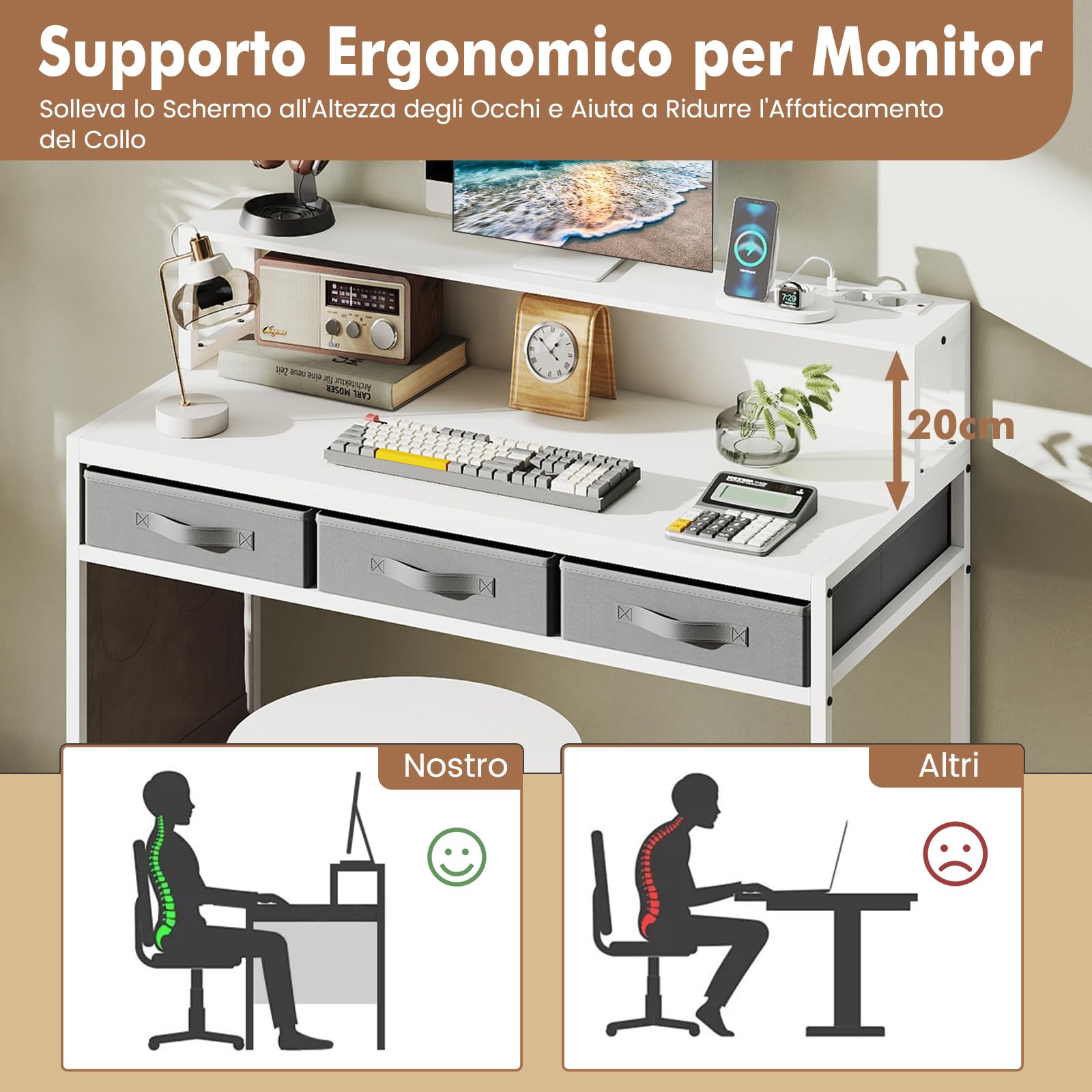 COSTWAY Scrivania per Computer con Supporto Monitor, Set Scrivania Salvaspazio con Sgabello, 3 Cassetti, Tasche Laterali, Stazione di Ricarica, Set Toeletta Trucco per Soggiorno Studio (Bianco)