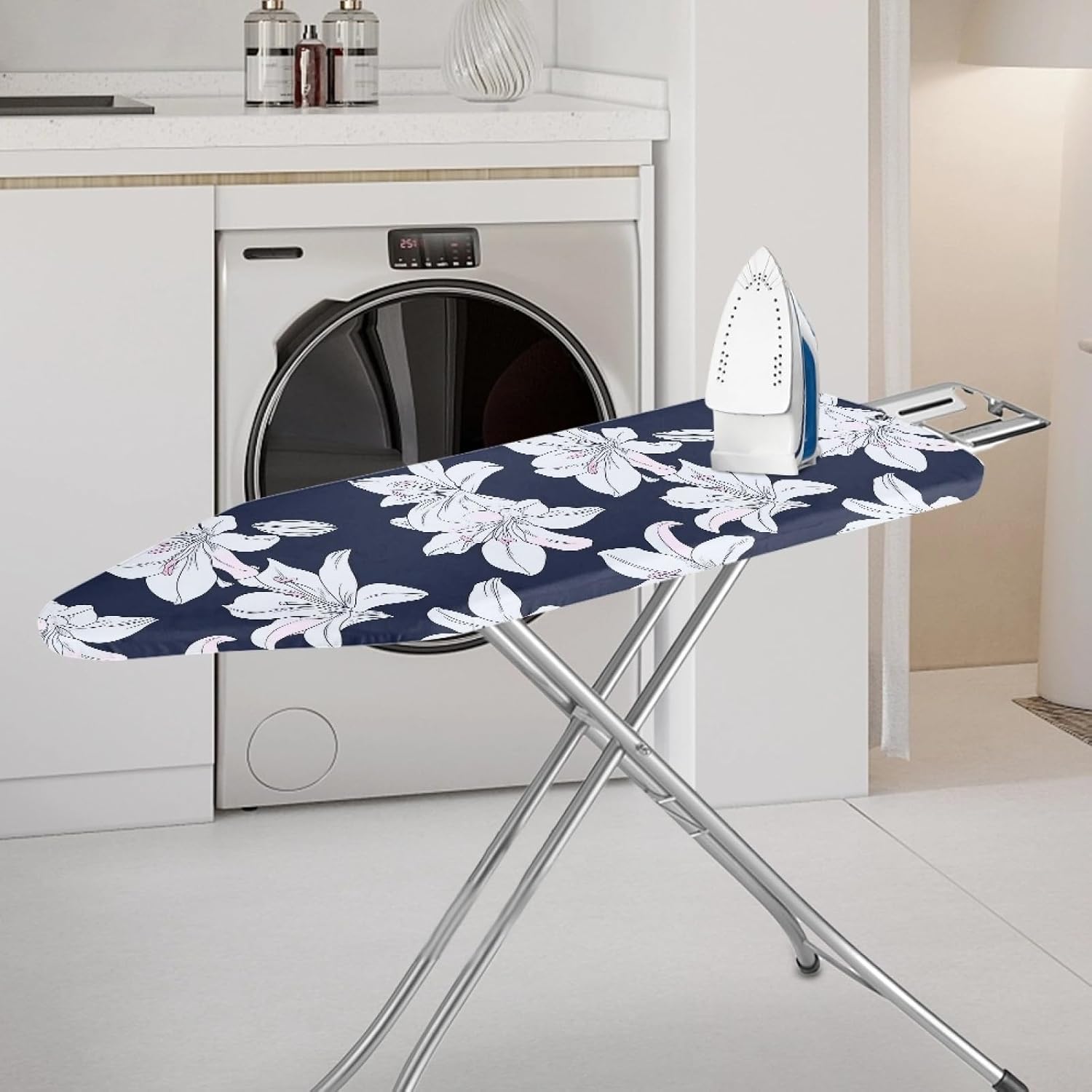 Padded Ironing Board Covers 18 X 49 Flower Blue Ironing Board Pad and Cover Thick Replacement Drawstring Tightening & Lock, Easy Fit, Scorch & Stain Resistant, Non Slip