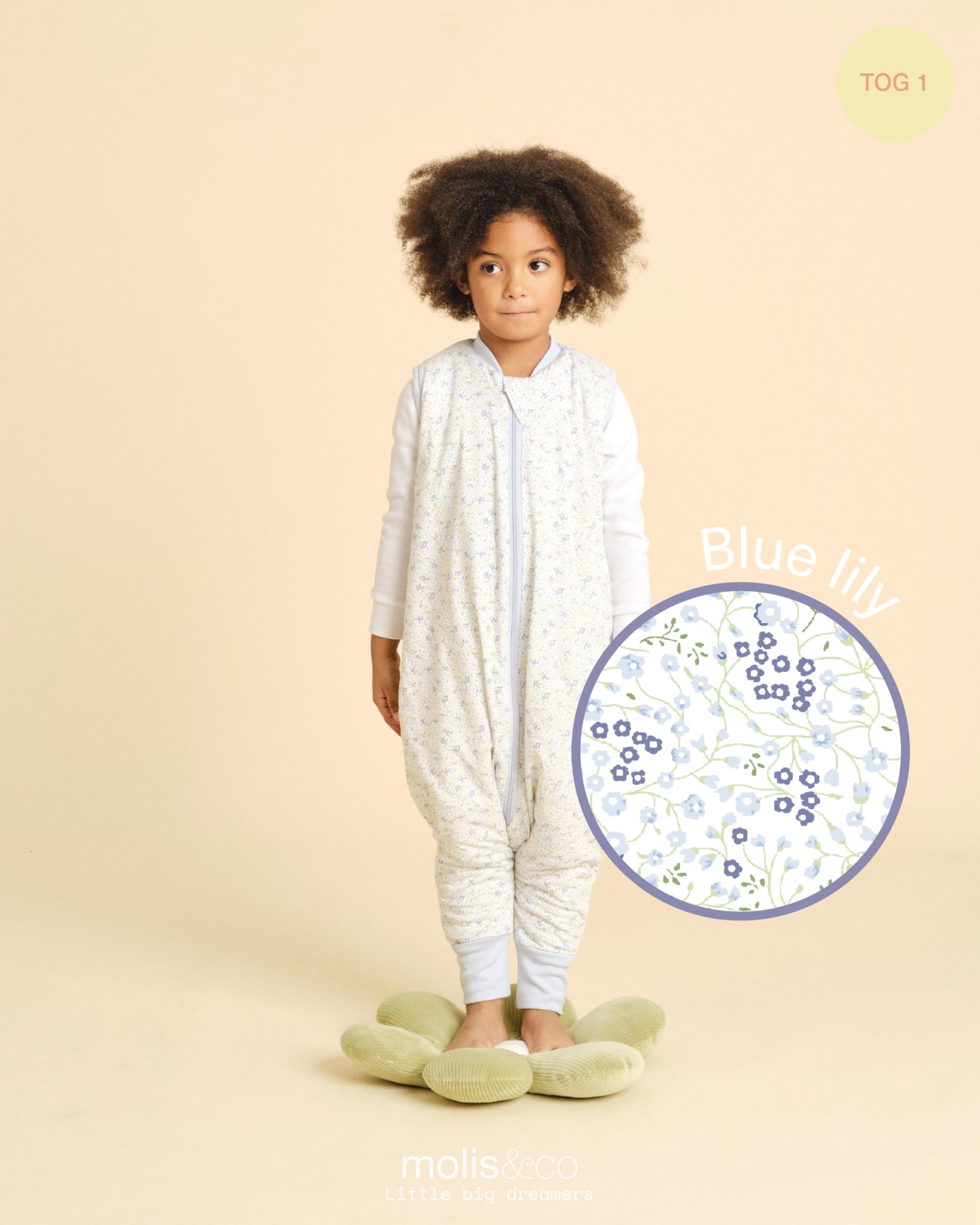 molis&co. Sacco Nanna con piedini - Sacco nanna primaverile e autunno - Sacco nanna 1 tog - Leggermente Imbotito - 100% Cotone (Oeko-TEX 100) - Blue Lily (2 anni) - 4